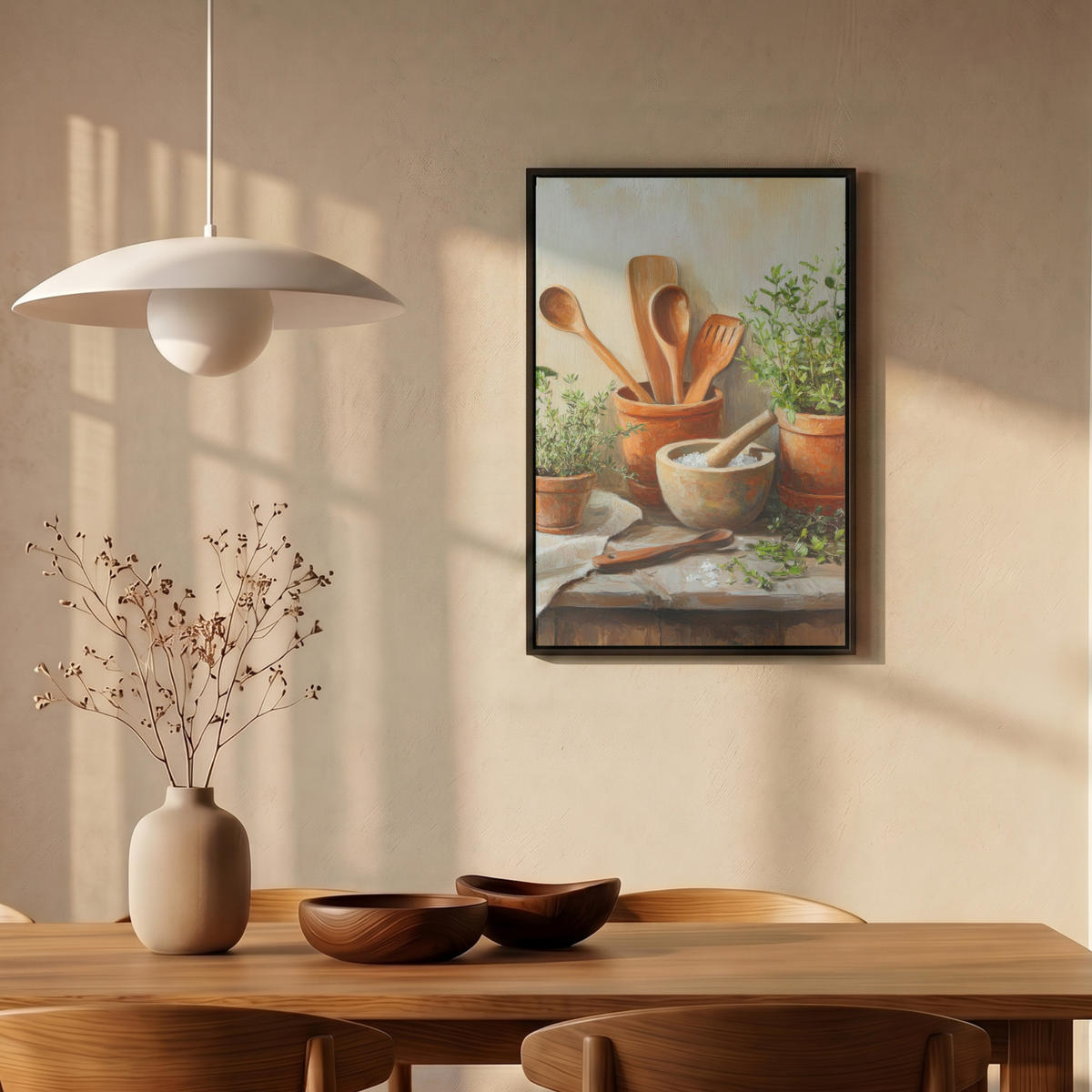 LEINWAND Bilder mit Rahmen - Töpfe - Kräuter - Holz - 40x60 - Terracotta, Textil (40/60cm) - MuchoWow