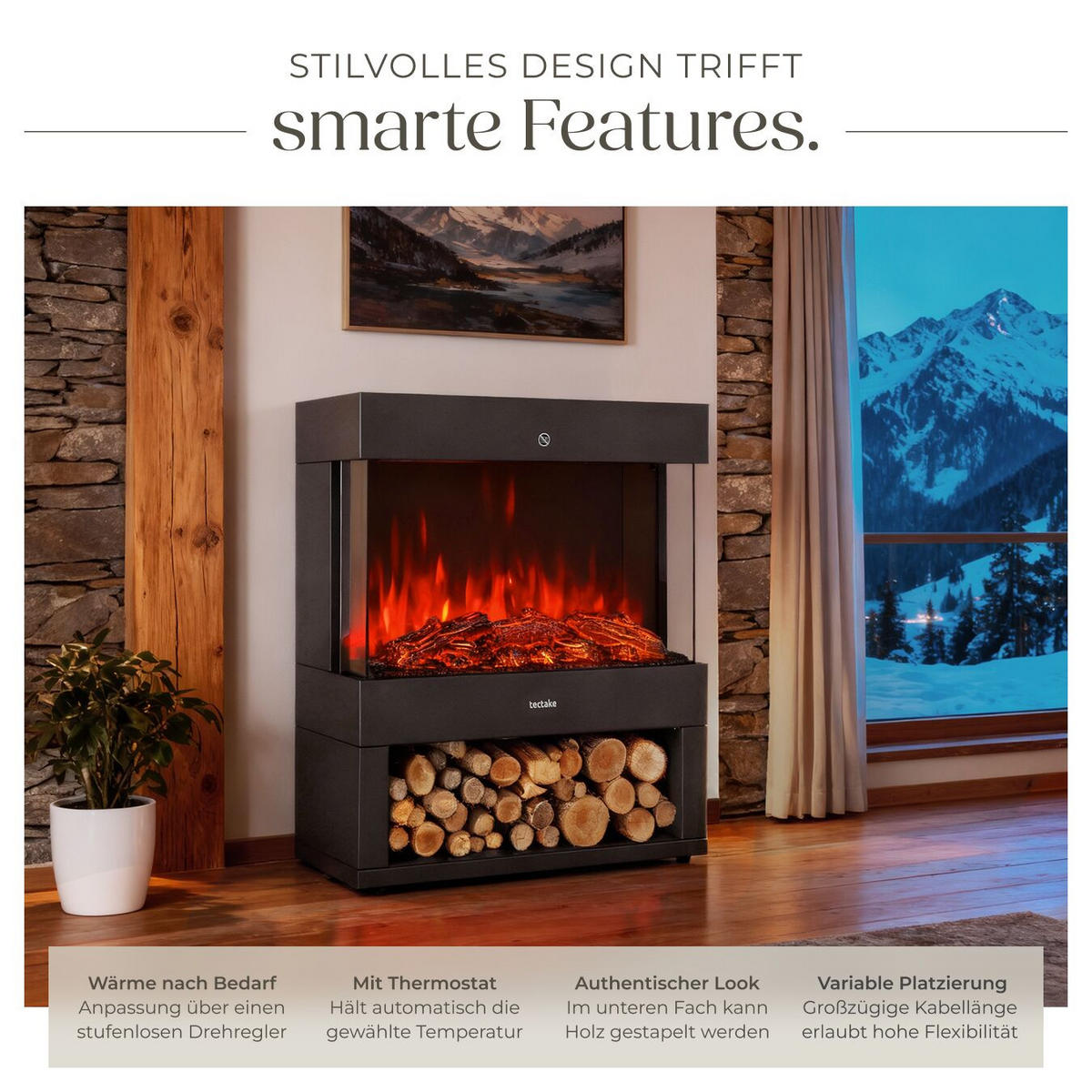 ELEKTROKAMIN Leora,integriertes Thermostat,schwarz - Schwarz, Metall (60/73.5/33cm) - tectake