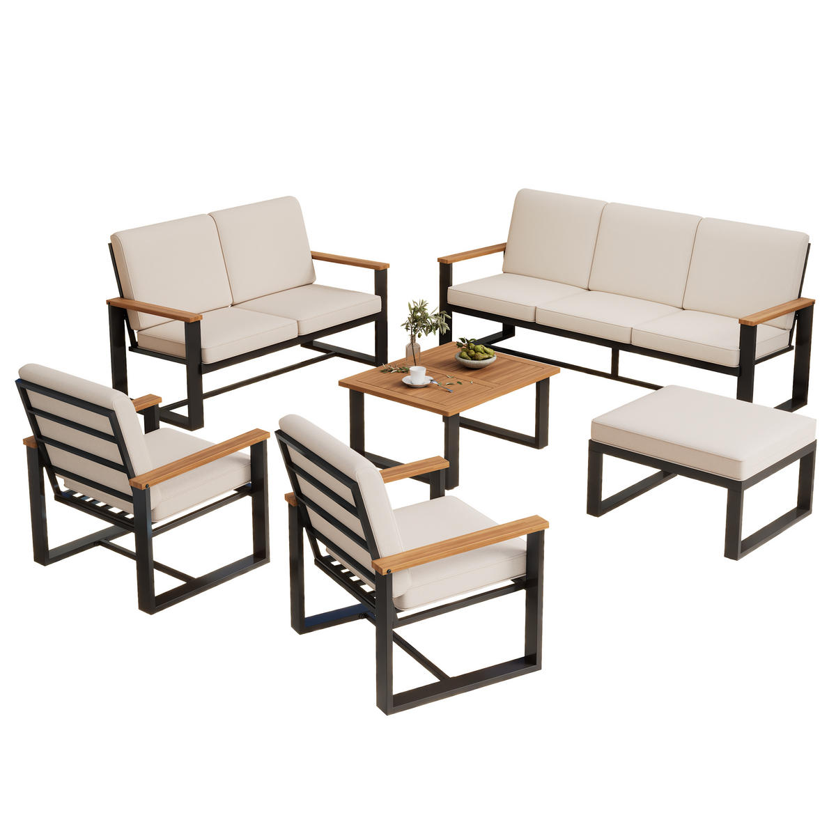 GARTENMÖBEL-SET Sofa Sessel Tisch Akazie Stahl Beige - Beige, Textil - FLIEKS