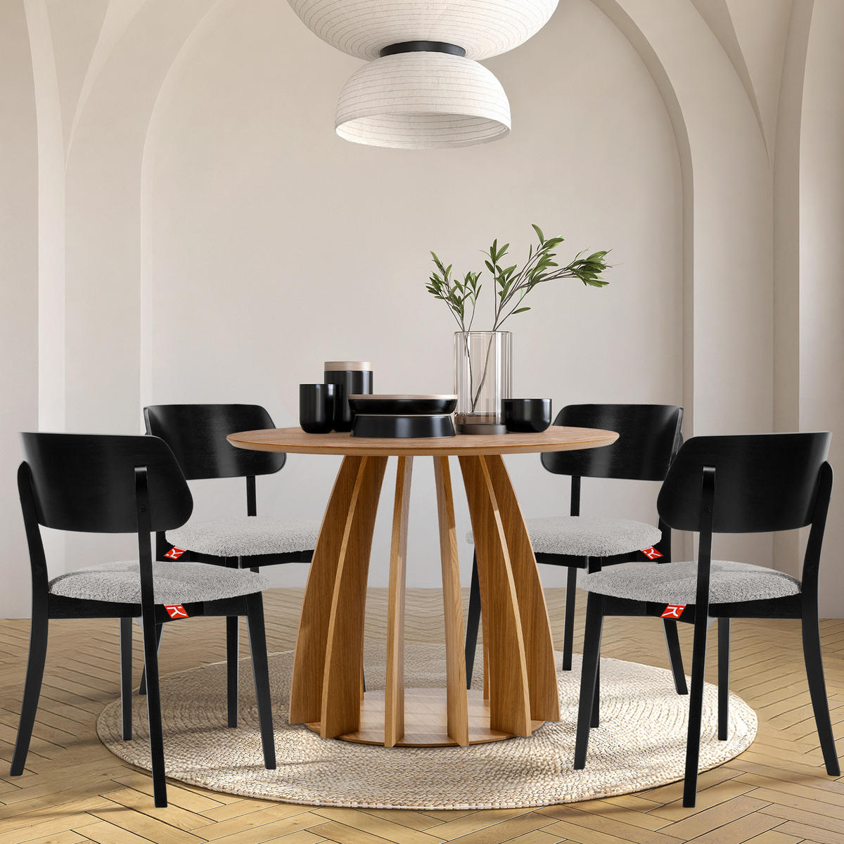 HOLZSTUHL VINIS Esszimmerstuhl, 2-er Set, Bouclé - Schwarz/Grau, Holz/Textil (47/80.5/45cm) - KONSIMO®