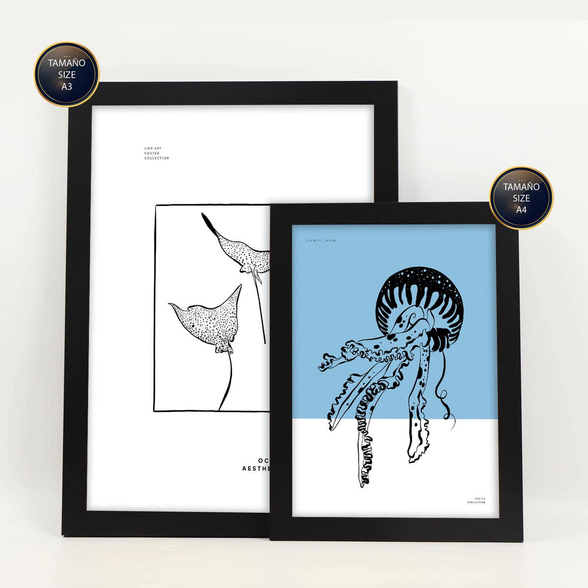 POSTER Set Mit 6 In Schwarzer Tinte Seltener Fisch Kunstdrucke Von Meer Und Ozean Für Innenarchitektur A3 & A4 Schwarzer Rahmen - Schwarz, Papier (29/3cm) - Nacnic