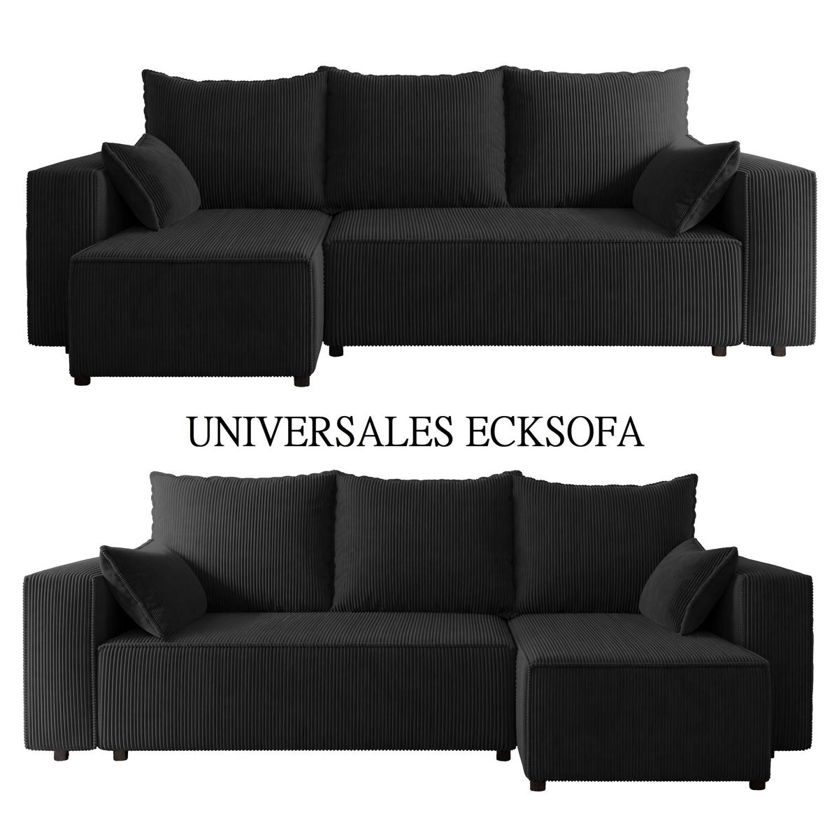 ECKSOFA Tobi mit Bettkasten und Schlaffunktion, L-Form, Cordstoff, Universal - Schwarz, Holzwerkstoff (246/145cm) - 4ALL HOME