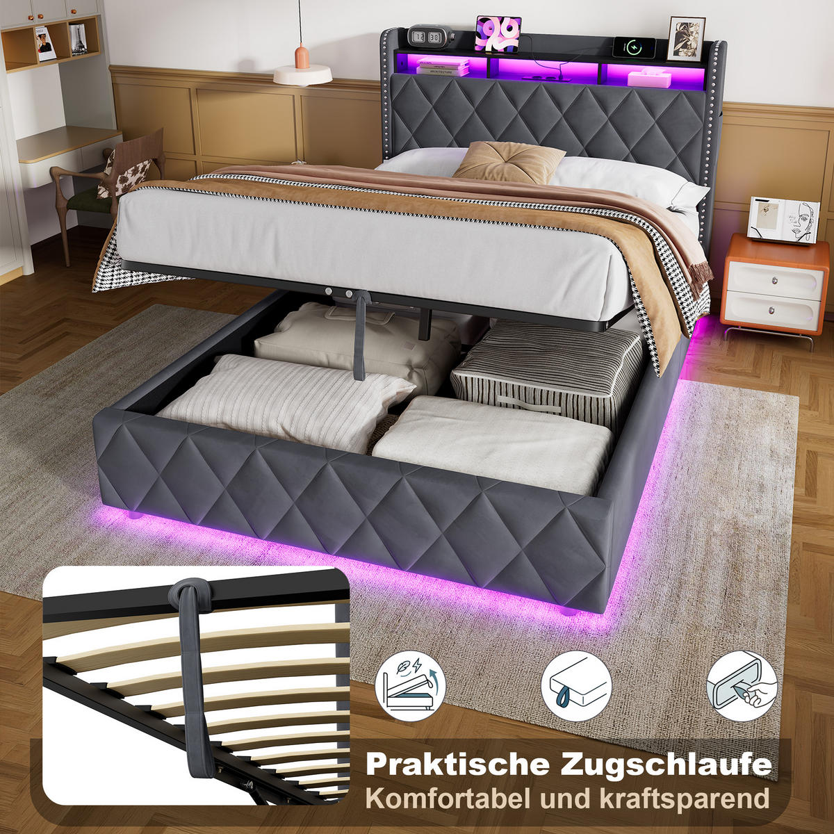 POLSTERBETT 140/200 cm Dunkelgrau mit LED & USB - Dunkelgrau, Textil (140/200cm) - Flora Grace