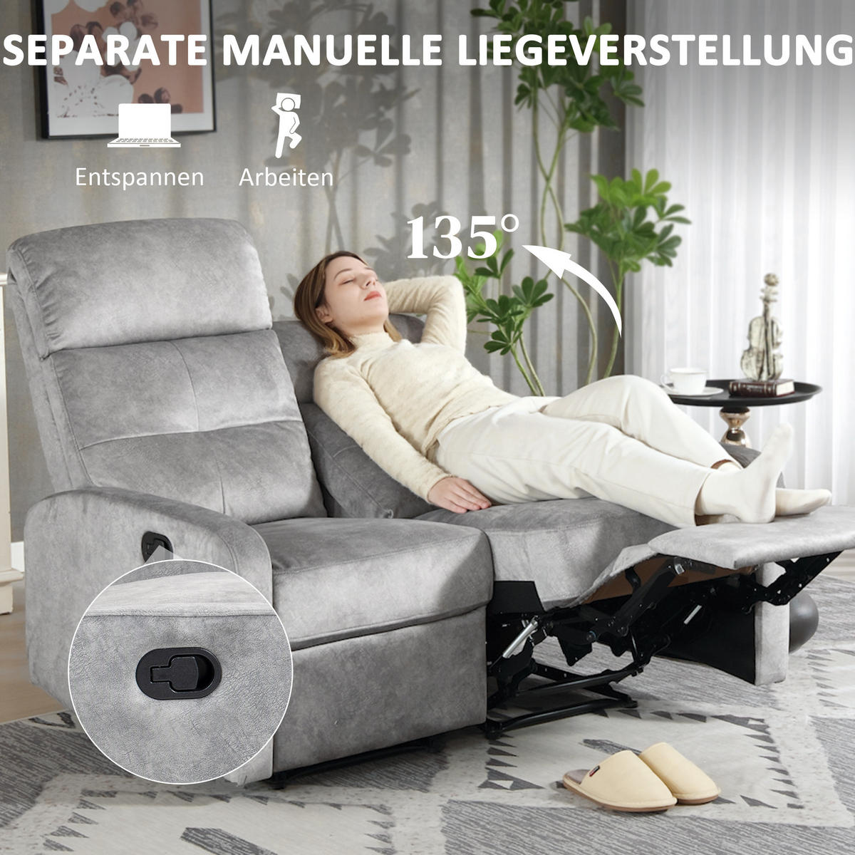 FERNSEHSESSEL Relaxsessel mit Liegefunktion, 2 Sitzer Sofa mit Fußablage, Grau - Grau, Textil (95/101/118cm) - HOMCOM