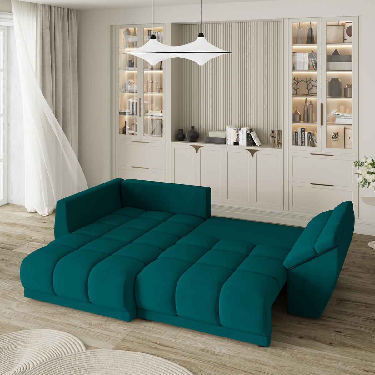ECKSOFA ORENTI L-S Blau Velours-Stoff mit Schlaffunktion - Blau, Holz (287/182cm) - MASSENO