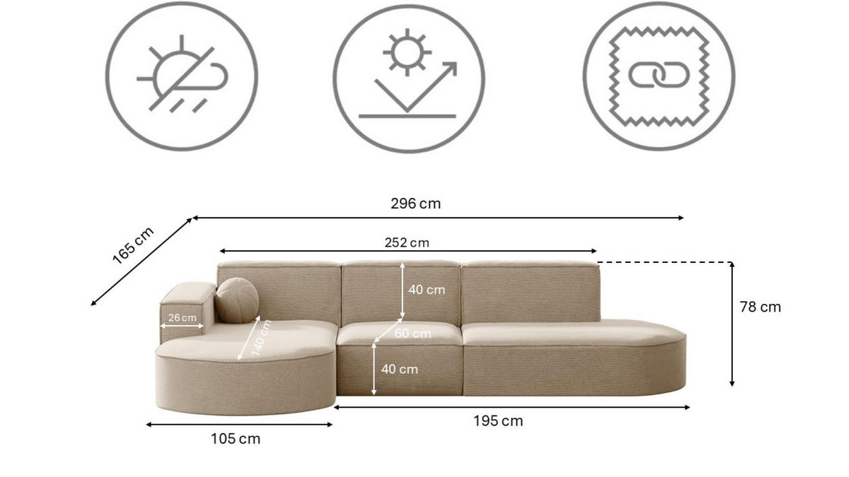 GARTENECKSOFA L-Form Garten Modena L Patio Beige Links - Beige, Holz/Textil (165/78/296cm) - Kaiser Möbel