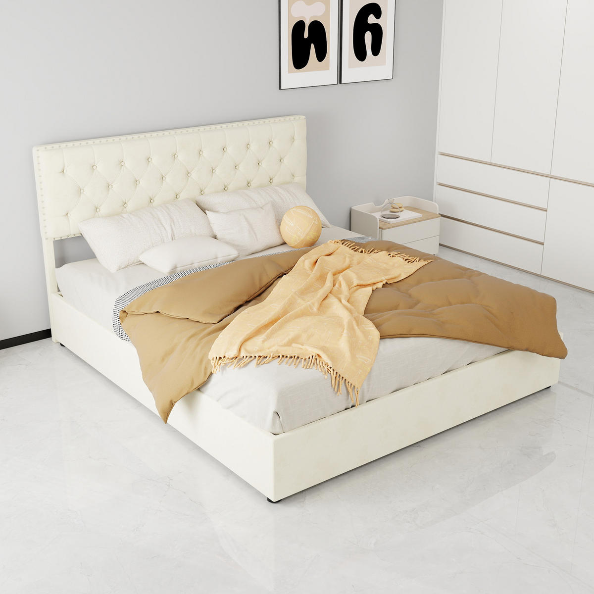 BETT mit Stauraum 160x200 cm Stoff Beige inkl. Matratze - Beige, Metall (160/200cm) - Meubliv