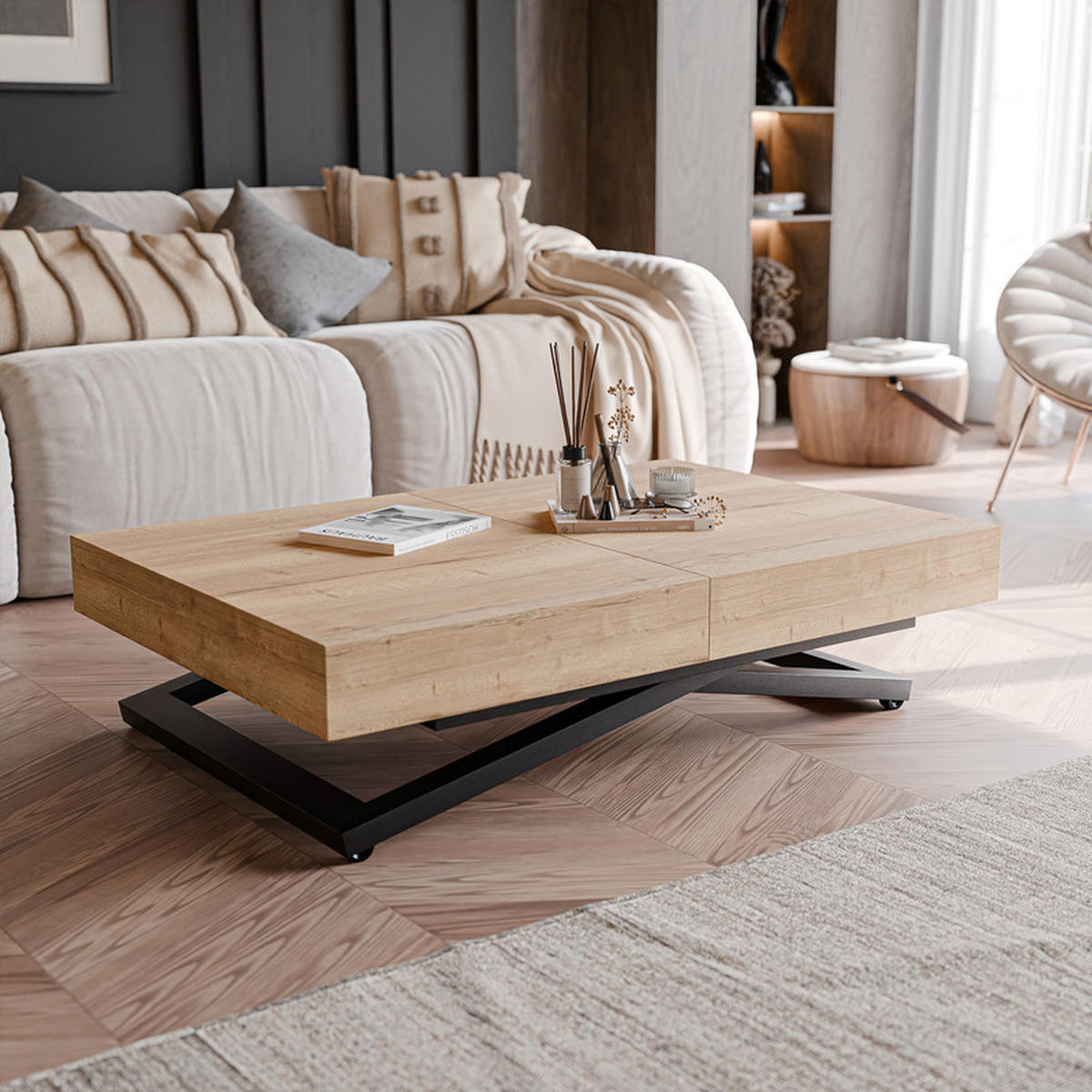 COUCHTISCH SANELLE ausziehbar mit Liftfunktion, 120/80/76 cm Schwarz / Halifax-Eiche - Eichefarben/Schwarz, Holzwerkstoff/Metall (120/80/27cm) - Idohome