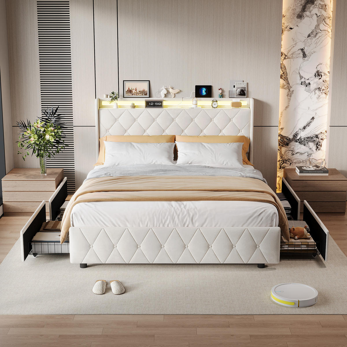 POLSTERBETT 140x200 cm, 4 Schubladen mit Rollen, RGB LED, USB-/Typ-C-Anschlüsse, Samtstoff, Beige - Beige, Holz (140/200cm) - BRILVERDE