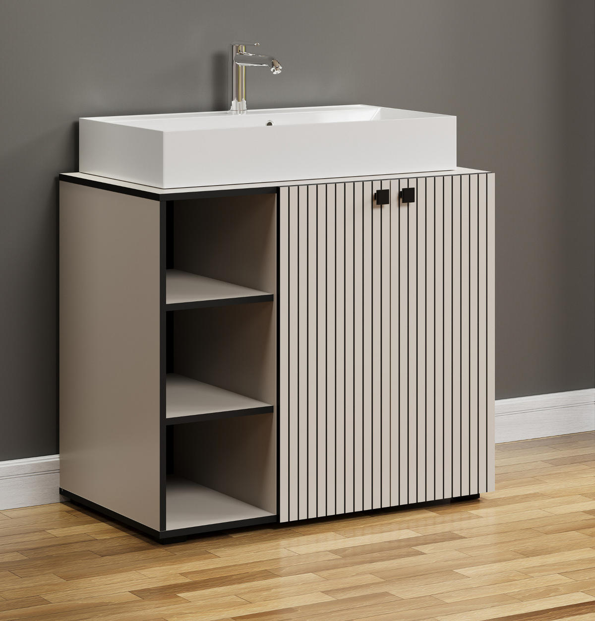 WASCHTISCH Kaschmir, Grau 90 cm, Set inklusive großem Waschbecken - Kaschmir/Schwarz, Holzwerkstoff/Metall (53/91/90cm) - Top.Furn