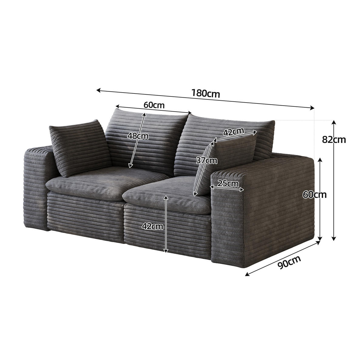 2-SITZER-SOFA DE-34773 mit abnehmbare Polsterung Dunkelgrau - Dunkelgrau, Textil (90/60/180cm) - ComfortXL