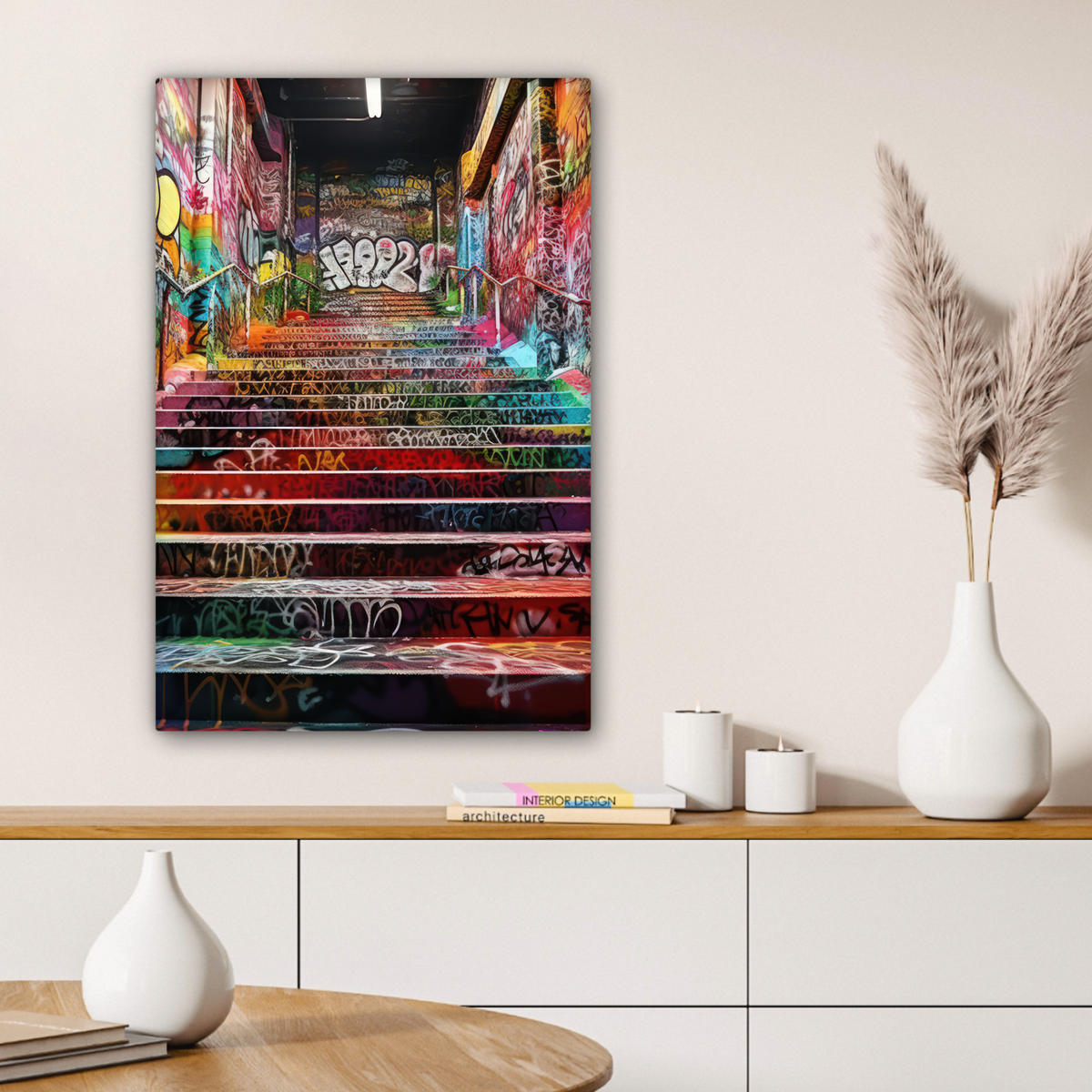 LEINWANDBILD Treppe - Graffiti - Farben - Kunst Wanddeko Schlafzimmer 60x90 cm - Multicolor, Textil (60/90cm) - MuchoWow