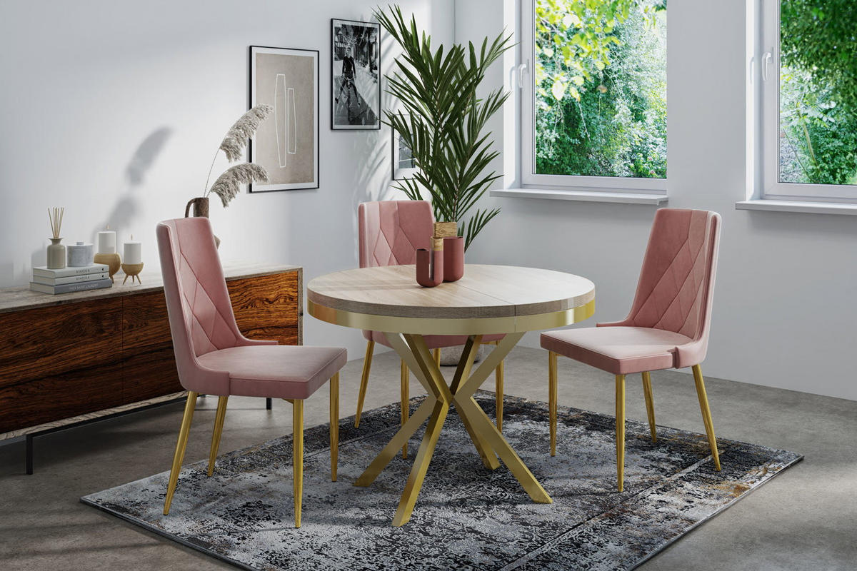 ESSTISCH Dina runder ausziehbarer, Sonoma Eiche 120-200/100/76 cm - Goldfarben/Braun, Holzwerkstoff/Metall (120/200/76cm) - WFL GROUP
