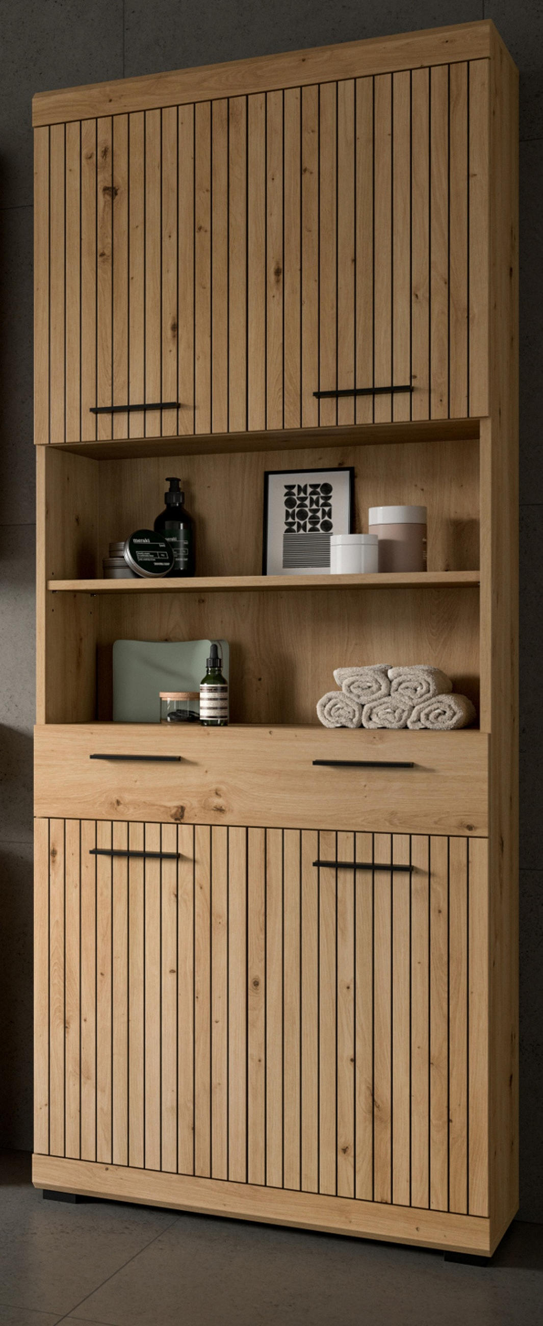 HOCHSCHRANK Eiche Artisan 74 x 191 cm, Badschrank in modernem Design - Schwarz/Eiche Artisan, Holzwerkstoff/Kunststoff (74/191/31cm) - Inn.Furn
