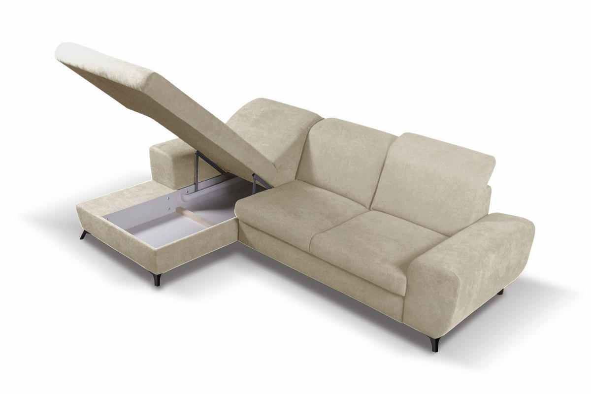 ECKSOFA LUCE L-S Beige Plüsch-Stoff mit Schlaffunktion - Beige, Holz (279/172cm) - MASSENO