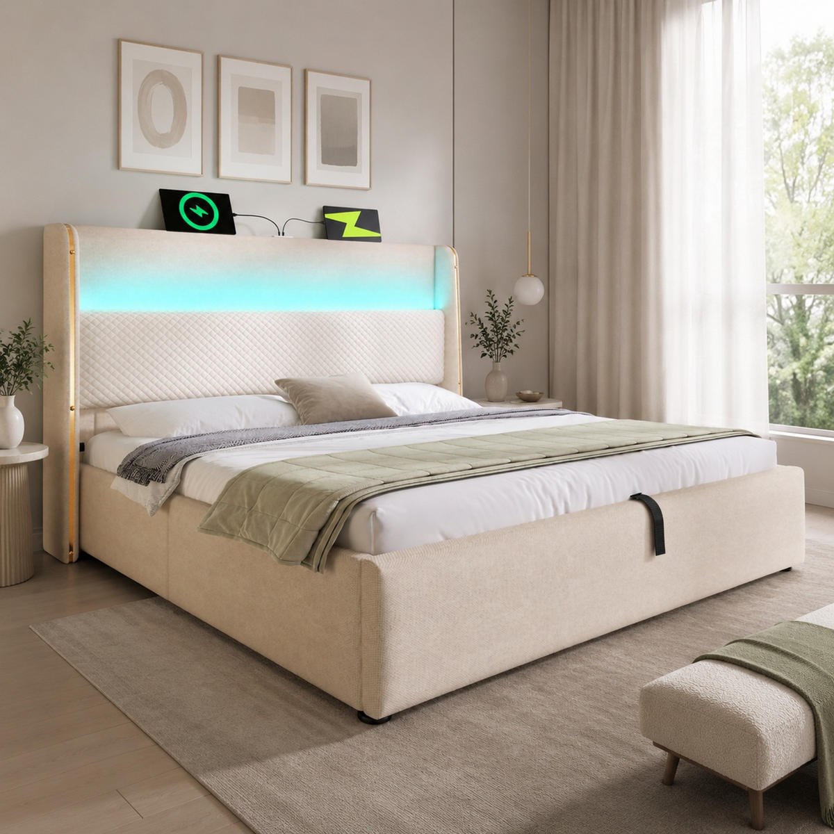 POLSTERBETT 180/200 mit LED, Bettkasten und USB/Type-C-Anschlüssen in Beige - Beige, Holzwerkstoff/Textil (180/200cm) - EVRYAE