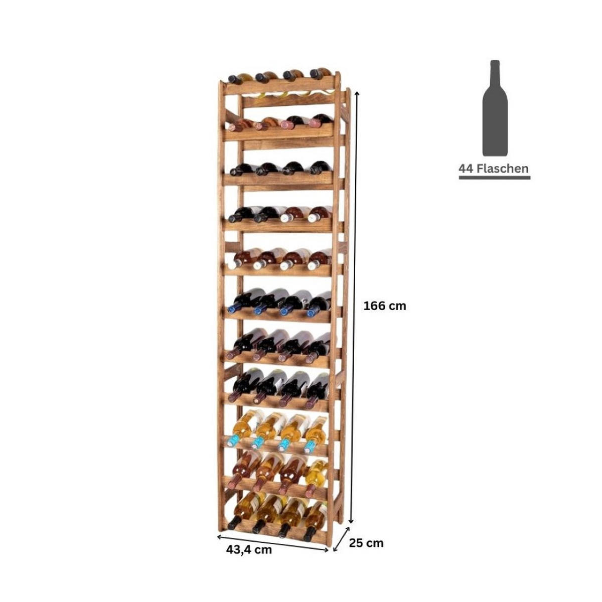 WEINREGAL Pinotwine 166x43,4x25 cm 44 Flaschen Massives Kiefernholz Braun Geölt - Braun, Holz (41.2/166/25cm) - PROREGAL