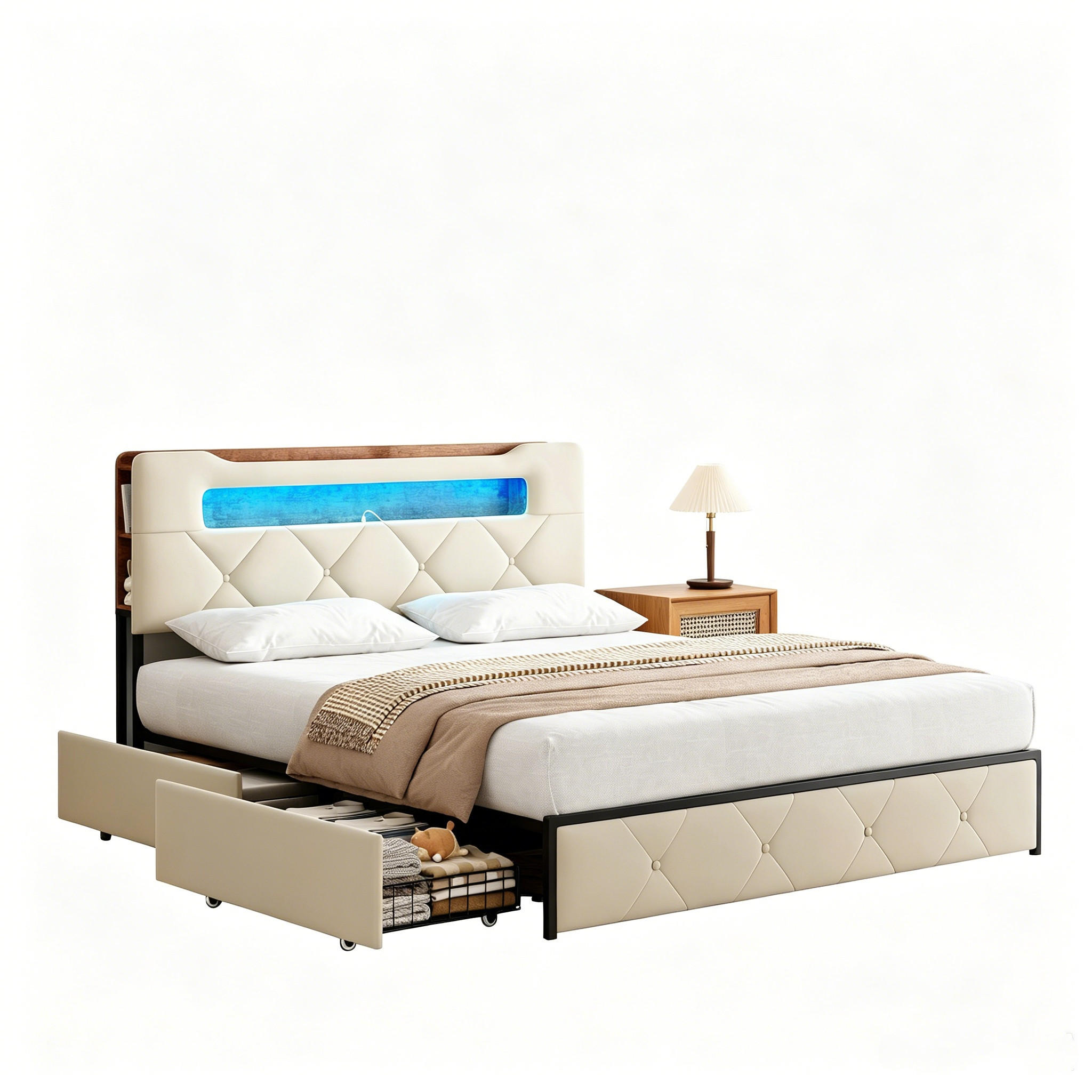 POLSTERBETT 160x200 cm Beige mit Schubladen, LED-Beleuchtung und Ladefunktion - Beige/Naturfarben, Glas/Holz (160/200cm) - PARAFTA HOME