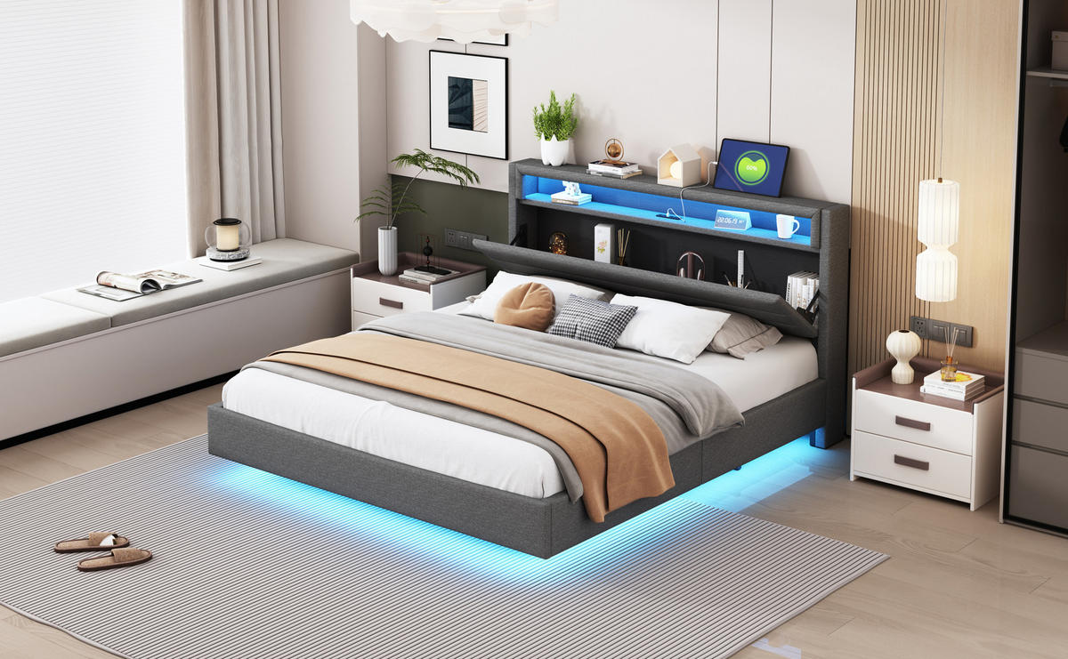 POLSTERBETT 160x200 cm LED USB grau - Grau, Textil (160/200cm) - LEBENLANG