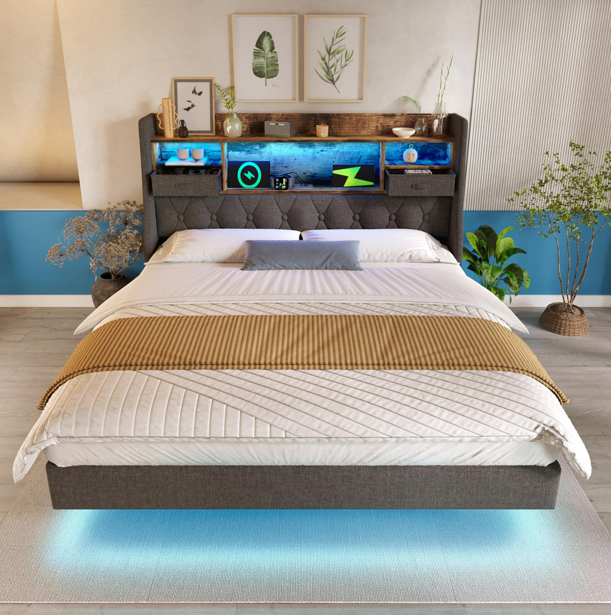 POLSTERBETT 160/200 cm grau aus Leinen mit LED, USB-C und Matratze - Grau, Textil (160/200cm) - OKWISH