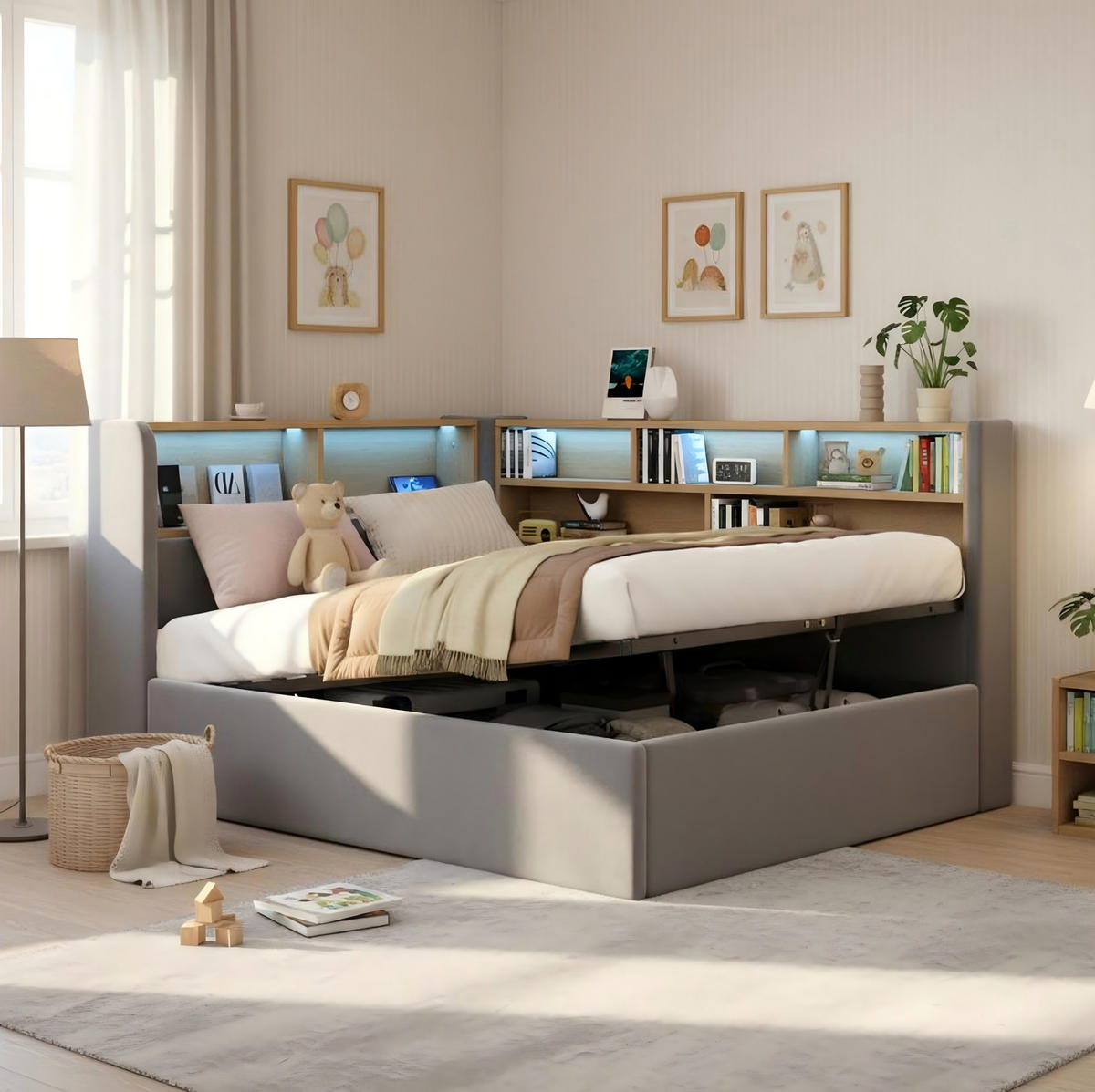 DENNÁ posteľ 90/200 cm sivá zo zamatu s hydraulickým úložným priestorom, LED a USB-C - sivá, textil (90/200cm) - OKWISH