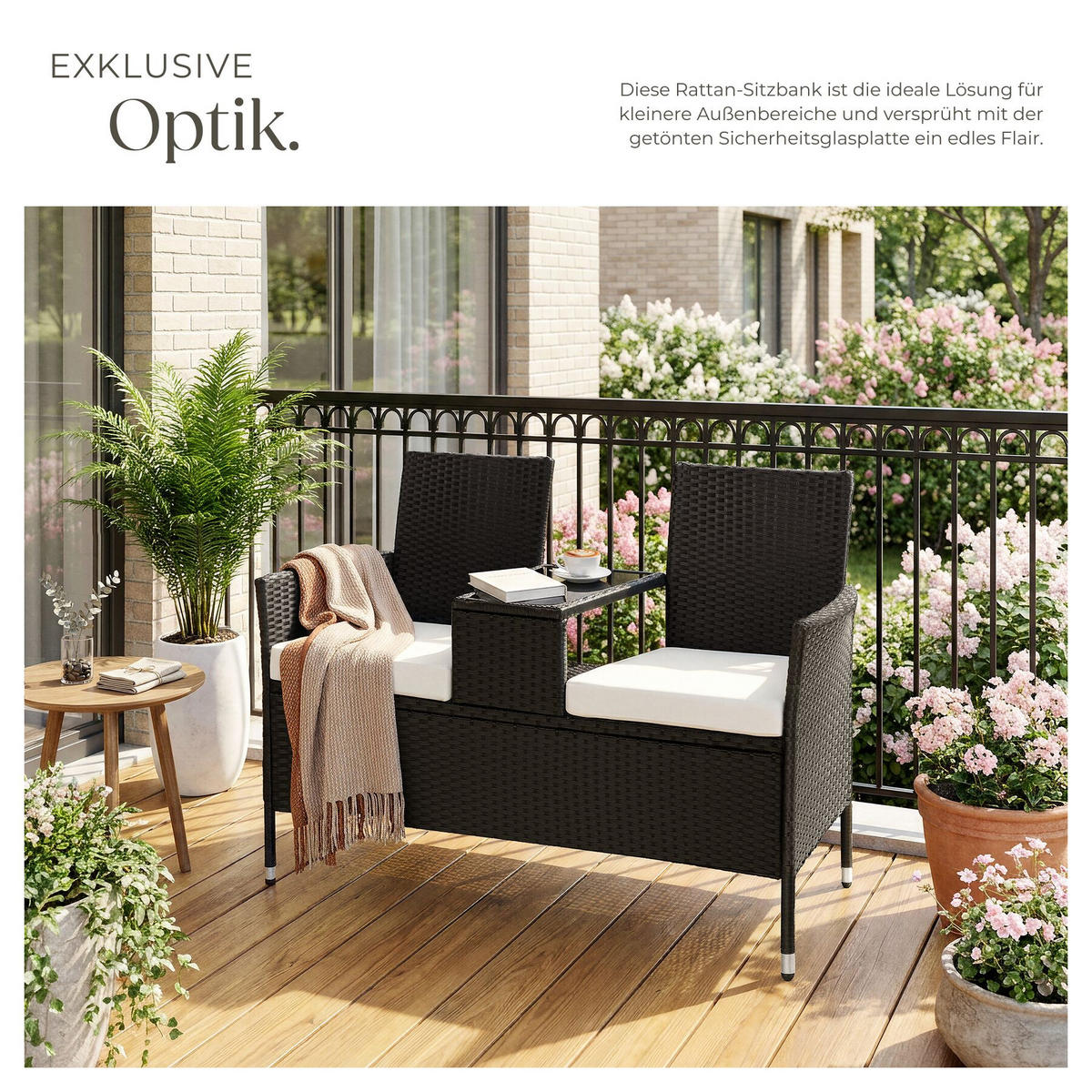 RATTAN GARTENSITZBANK Narbonne, 6 cm Sitzpolster, schwarz/beige - Beige/Schwarz, Kunststoff (61/82/131cm) - tectake