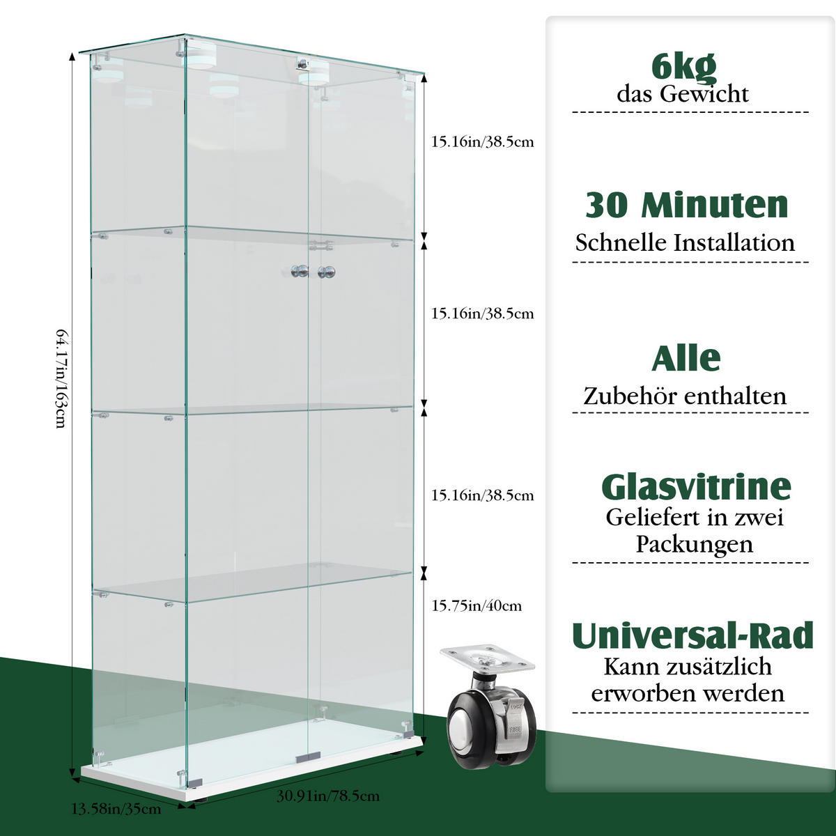 GLASVITRINE LED mit 2 Türen, 4 Regalen, Schloss, Weiß für Wohnzimmer - Weiß, Holz (35/163/78.5cm)
