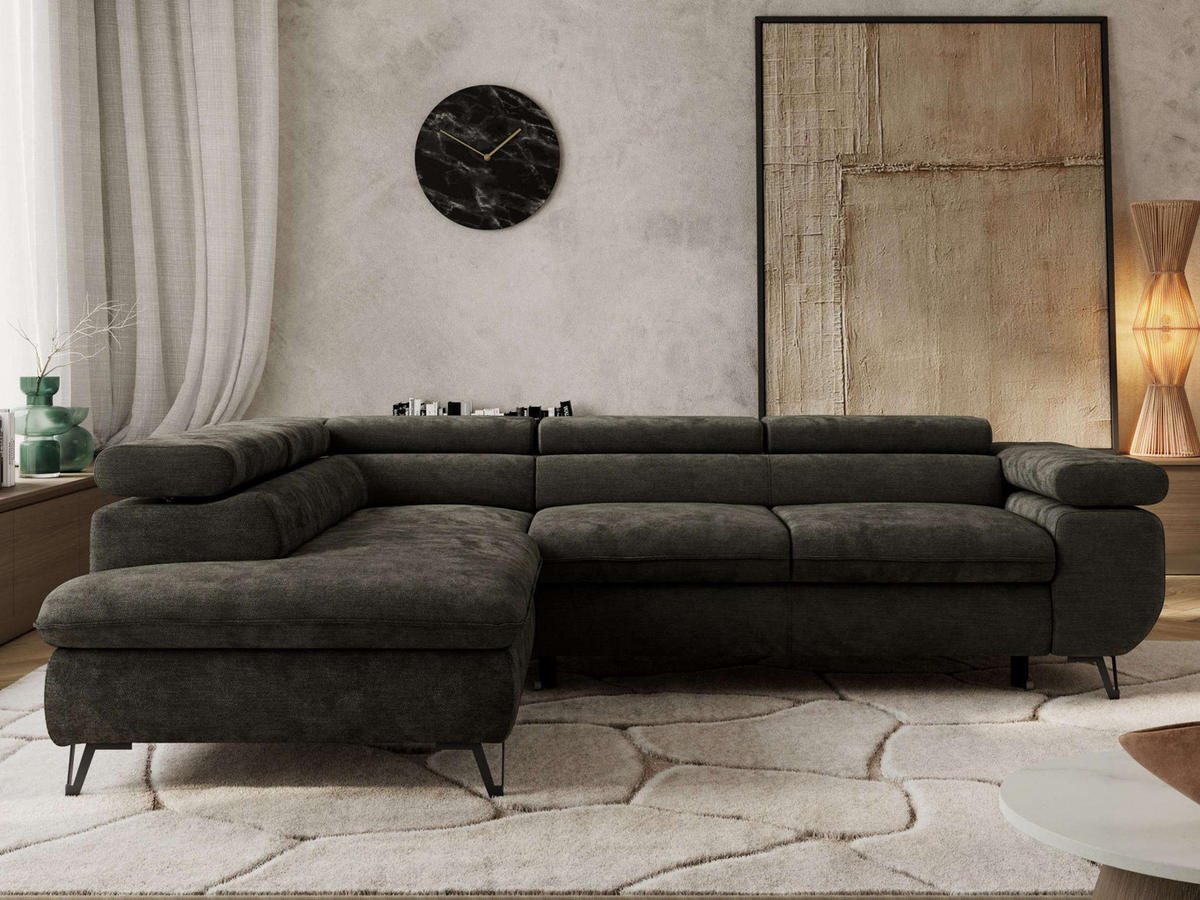 ECKSOFA PABLO L Dunkelgrau Schenille glatt - Links Seite mit T25 Topper - Dunkelgrau/Schwarz, Textil/Metall (208/273cm) - MKS