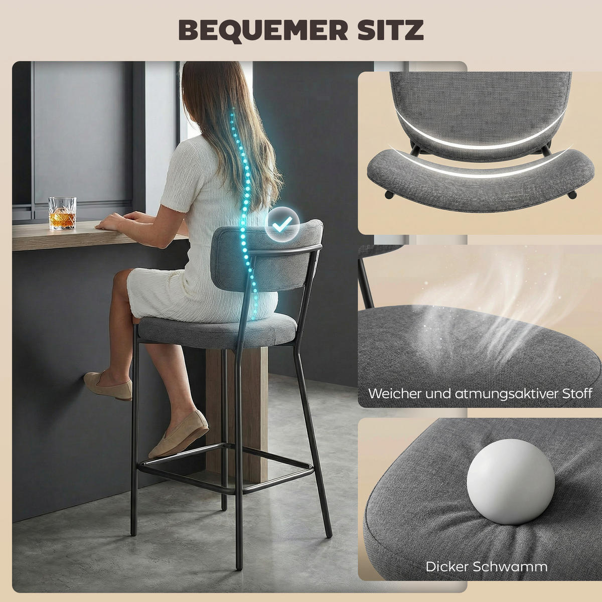 BARHOCKER 2er-Set DE-08043 mit geschwungener Rückenlehne Grau - Grau, Metall (49/93/53cm) - ComfortXL