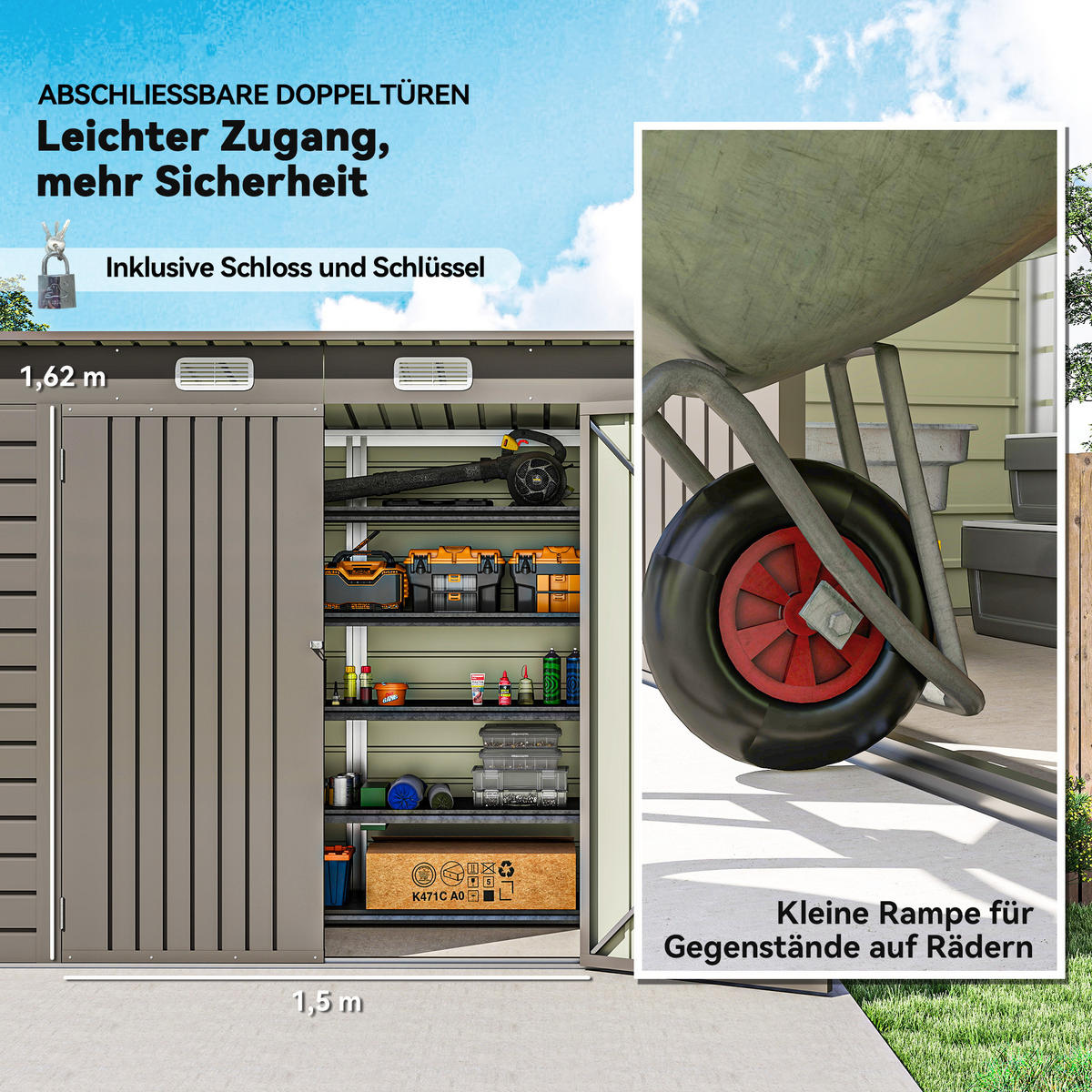 METALL Gerätehaus 2,7 m² 249x121x183cm Geräteschuppen mit Pultdach Doppeltür - Hellgrau, Metall (121/183/249cm) - Outsunny