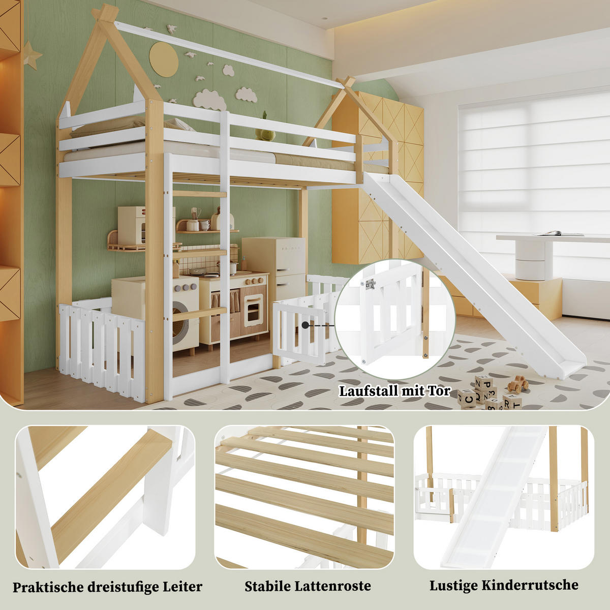ETAGENBETT Dachform mit Rutsche Weiß+Natur 90x200cm - Naturfarben, Holz (90/200cm) - ComfortXL