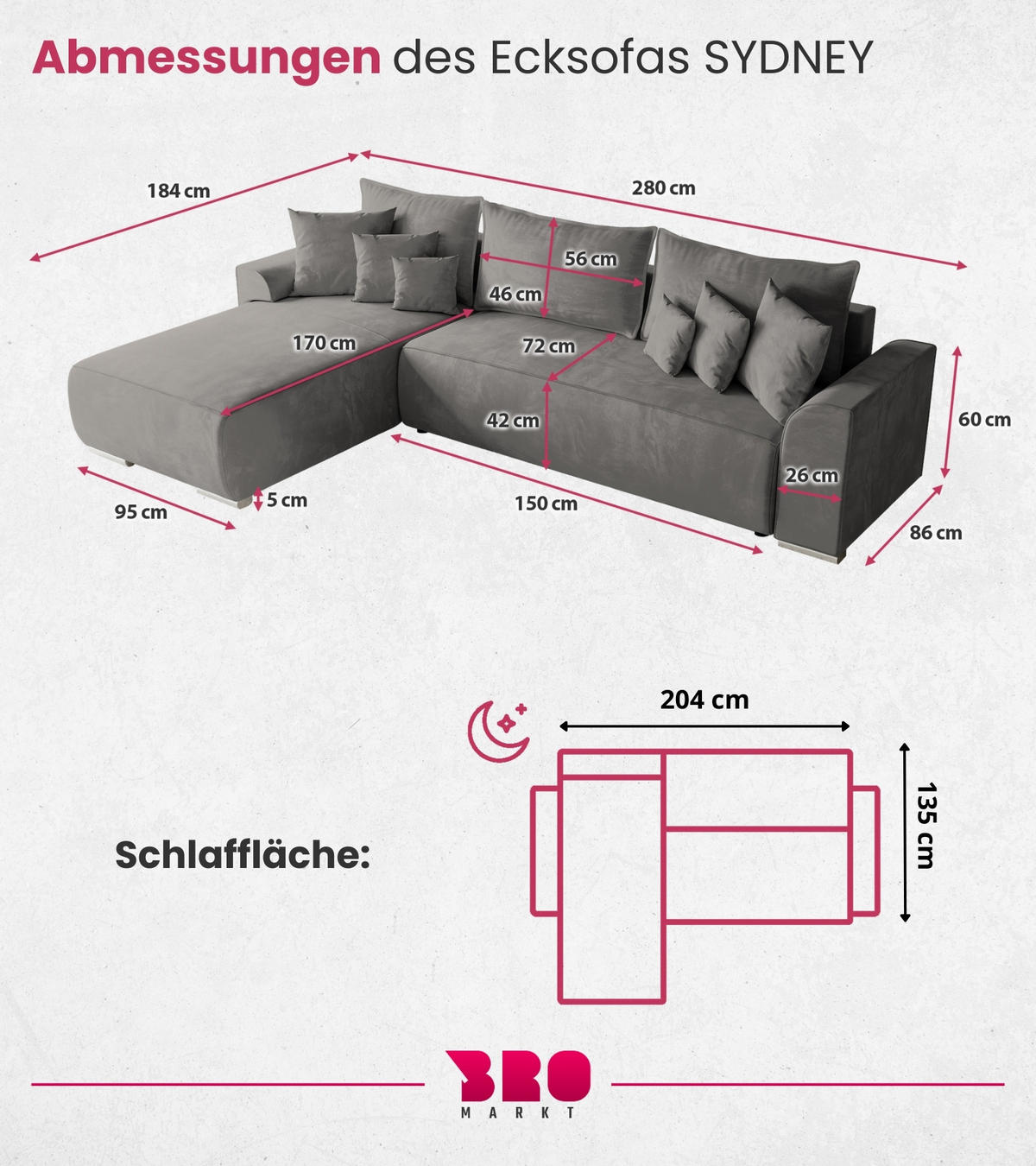 ECKSOFA Sydney mit Schlaffunktion Grau Plüsch - Grau, Textil (280/184cm) - Bromarkt