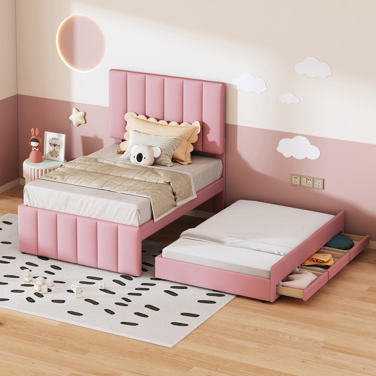 POLSTERBETT 90/200 cm Rosa mit Rollbett, 3 Schubladen & verstellbarem Kopfteil - Pink, Textil (90/200cm) - BEAOK