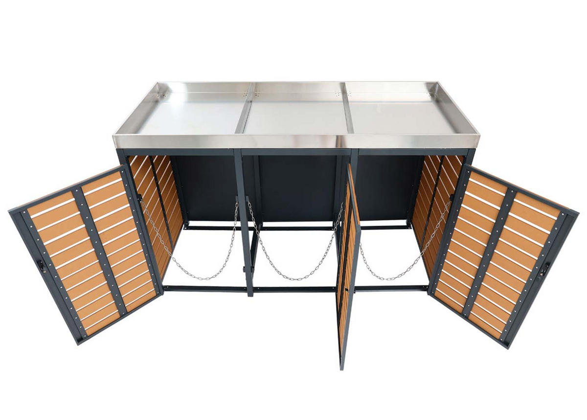 MÜLLTONNENBOX 3er mit Pflanzkasten HxBxT 124x200x84cm Teak-Optik - Teakfarben, Metall (200/124/84cm) - PROREGAL