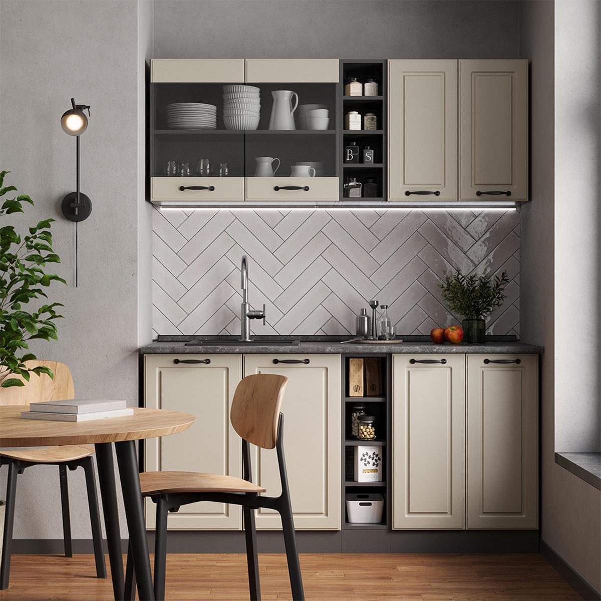 SINGLEKÜCHE R-Line, Sand Landhaus/Anthrazit, 160 cm Arbeitsplatte Anthrazit - Beige/Anthrazit, Holzwerkstoff (160/81.6/60cm) - Vicco
