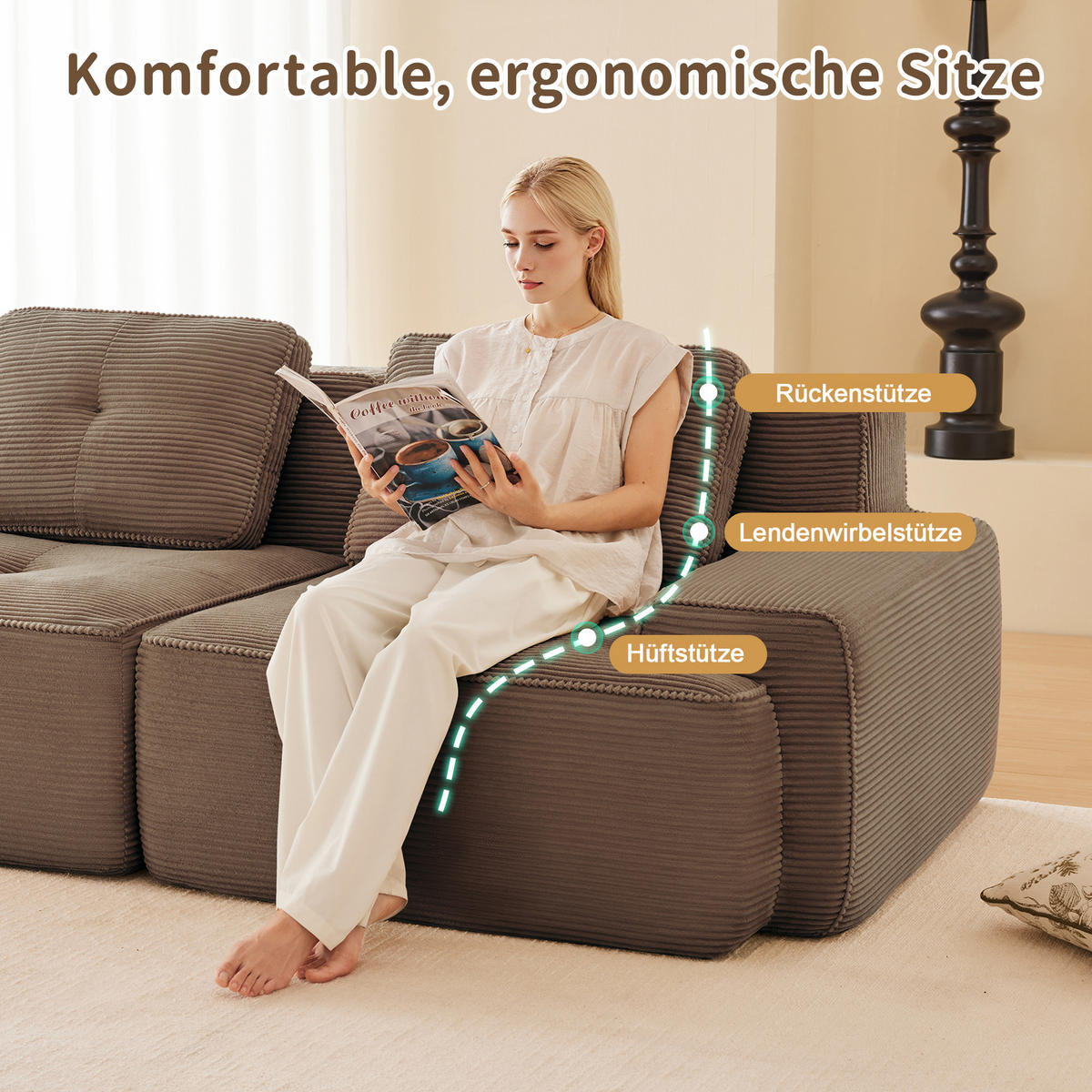 2-SITZER SOFA cord braun modular & extratiefer sitz - Walnussfarben, Textil (204/69/104cm) - Urban Meuble
