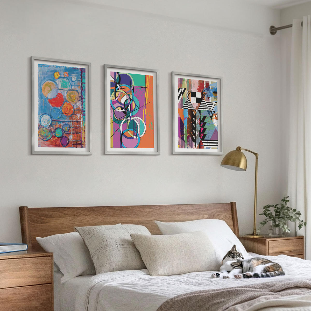 WANDBILDER 3er Set - 40x60 cm Silberner Rahmen - Bunte abstrakte Kreise Geometrie - Silberfarben, Kunststoff (40/60cm) - ArtPrintCave