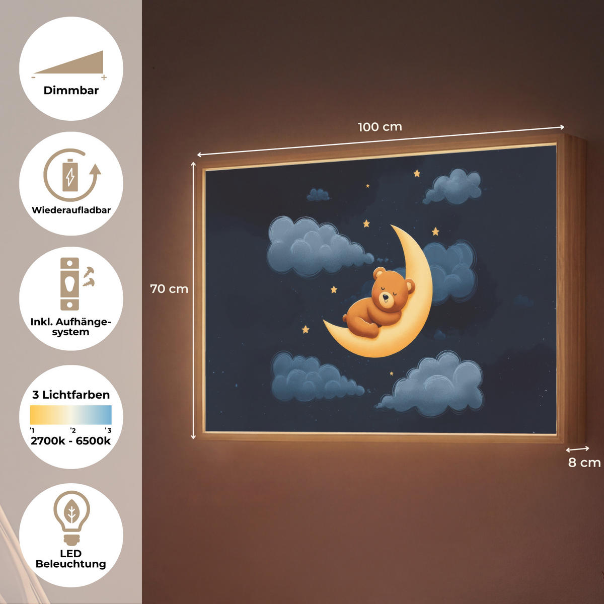 NACHTTISCHLAMPE MIT AKKU Teddybär - Mond - Wolken - Sterne 100x70 cm - Dunkelblau, Holzwerkstoff (8/100/70cm) - OnlyWow