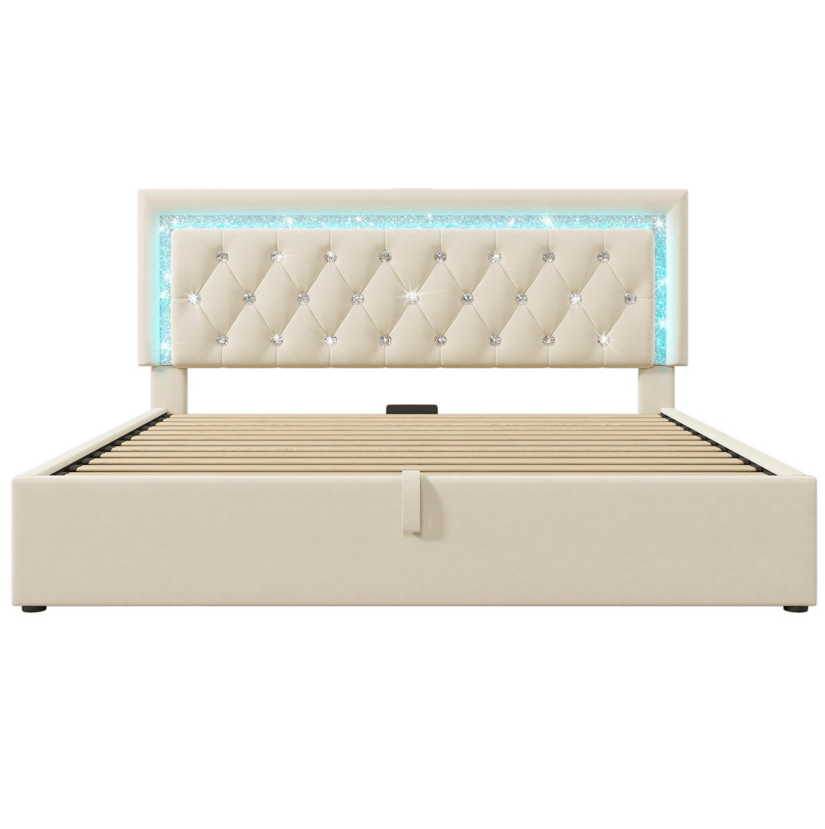 SAMT-POLSTERBETT 160/200 cm in Beige mit LED-Beleuchtung, Bettkasten und USB - Beige, Textil (160/200cm) - BEAOK