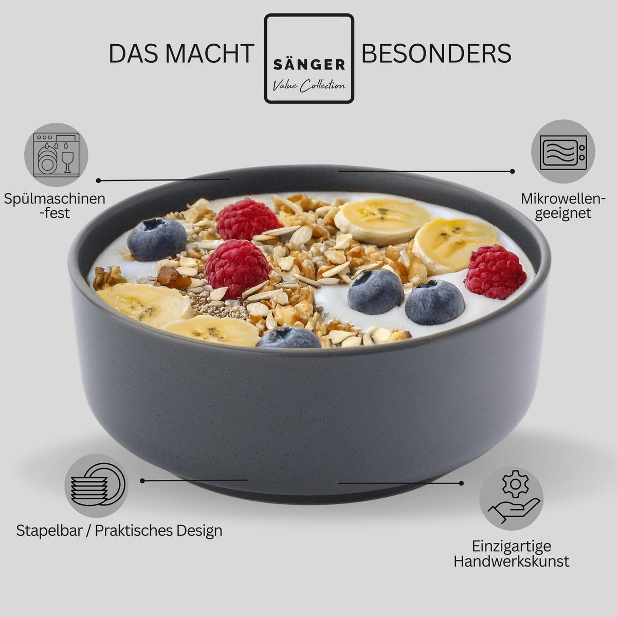 SCHALEN LEEDS- 4 teilig aus Steingut - Grau, Stein (16.5cm) - Sänger