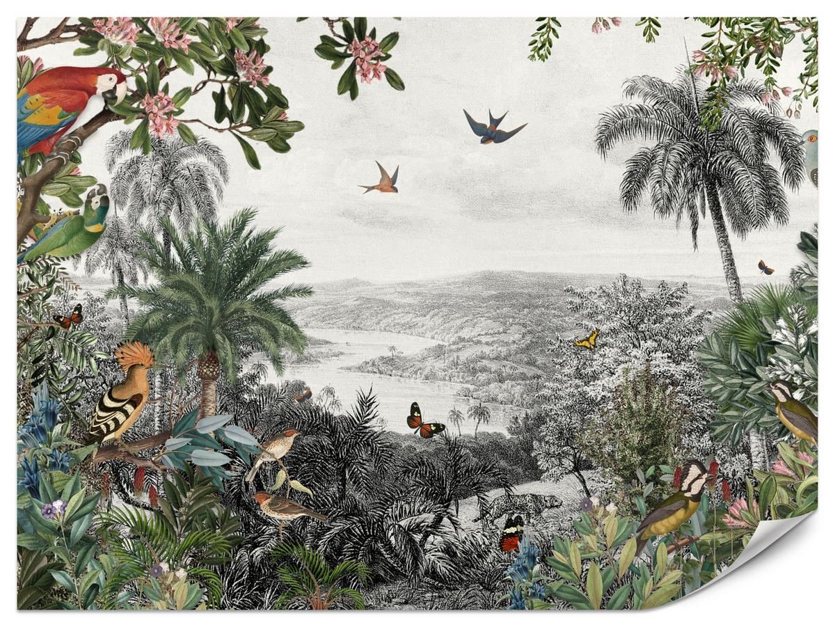 FOTOTAPETE für Wohnzimmer Tropenpapageien Vögel Palmen 350x256 - Gelb/Rot, Papier (350/256cm) - Muralo