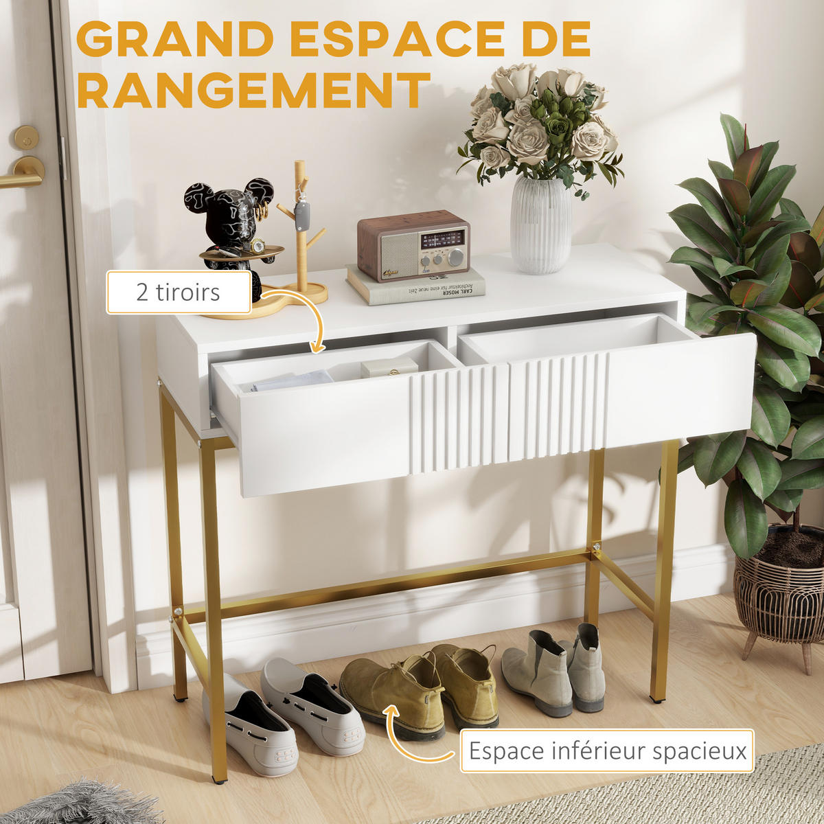 KONSOLENTISCH DE-16771 2 Schubladen, goldene Beine Weiß - Weiß, Holzwerkstoff (80/31.5/75cm) - ComfortXL