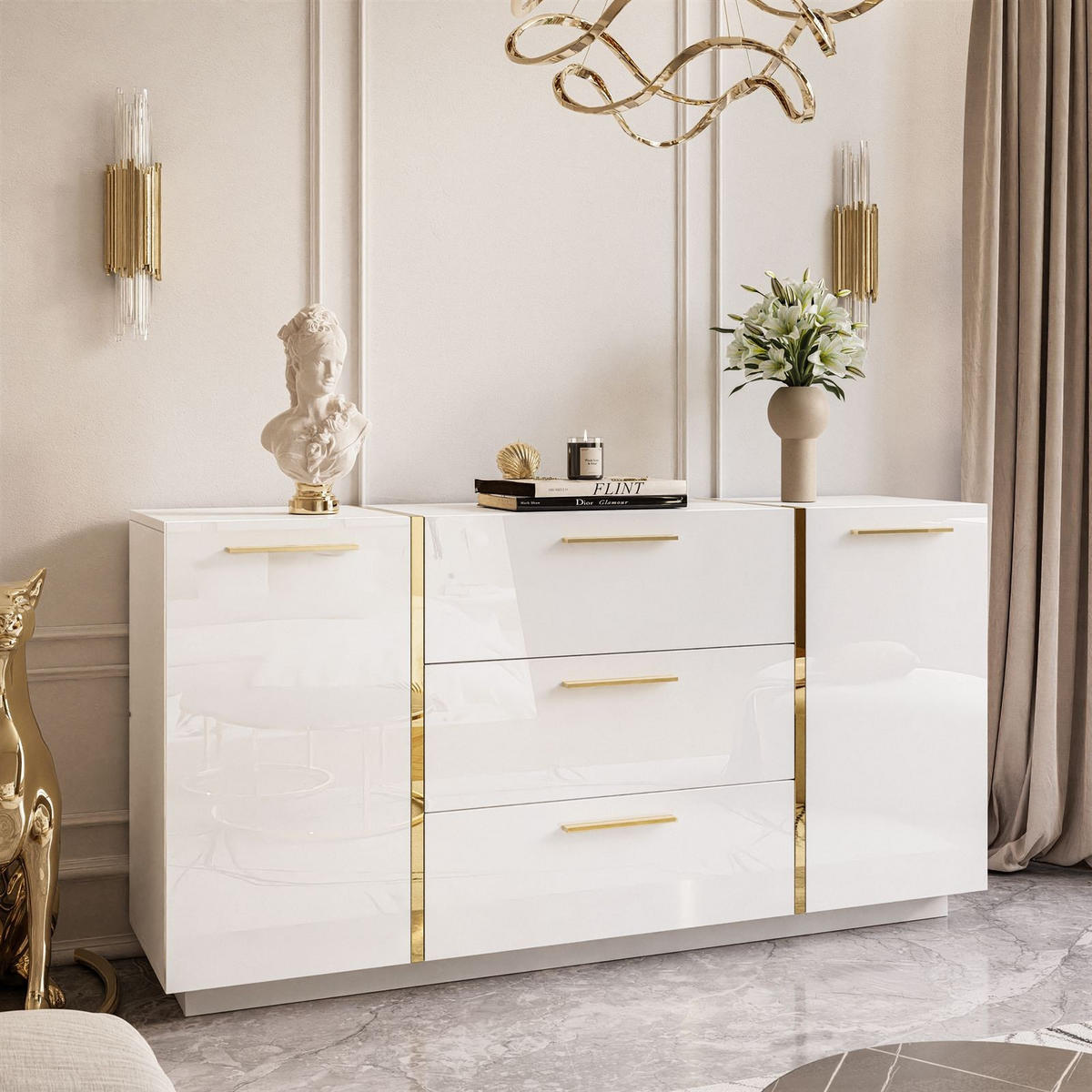KOMMODE MIT SCHUBLADEN ONYX HOCHGLANZ 158 CM - Weiß, Holzwerkstoff (158/81/41.3cm) - Lookway