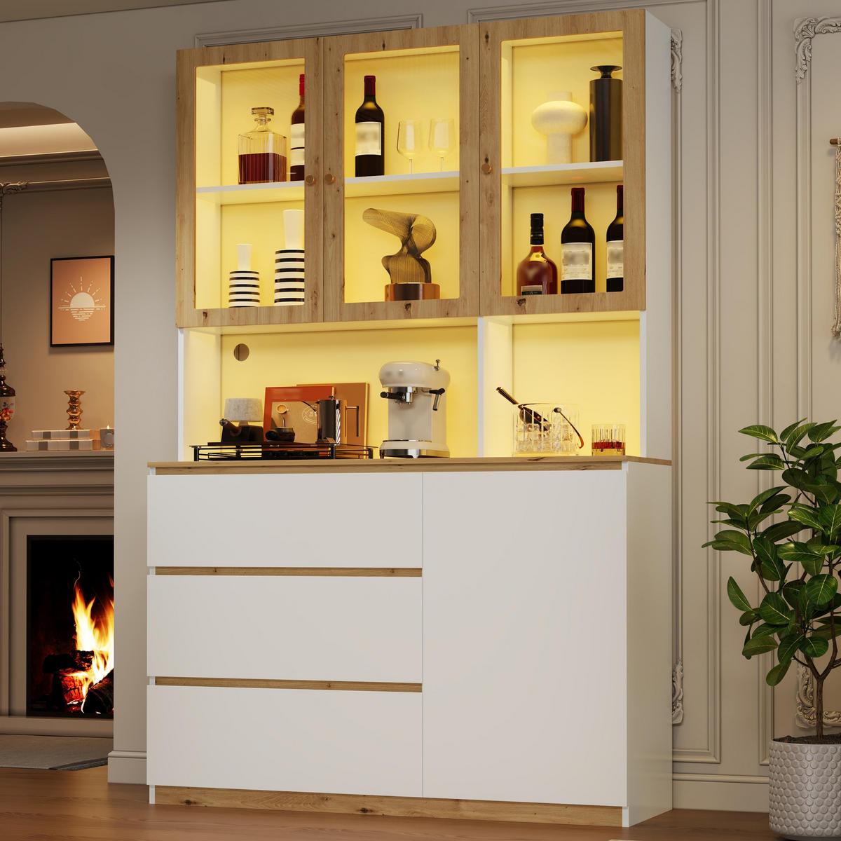 VITRINE 120cm Weiß Eiche LED Hochschrank modern - Multicolor, Holzwerkstoff (120/200/40cm) - FLIEKS