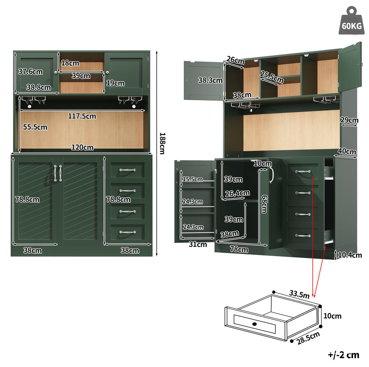 BUFFET 120/188/40 cm Grün aus MDF mit LED-Beleuchtung - Grün, Holzwerkstoff (40/188/120cm) - OKMYHOME