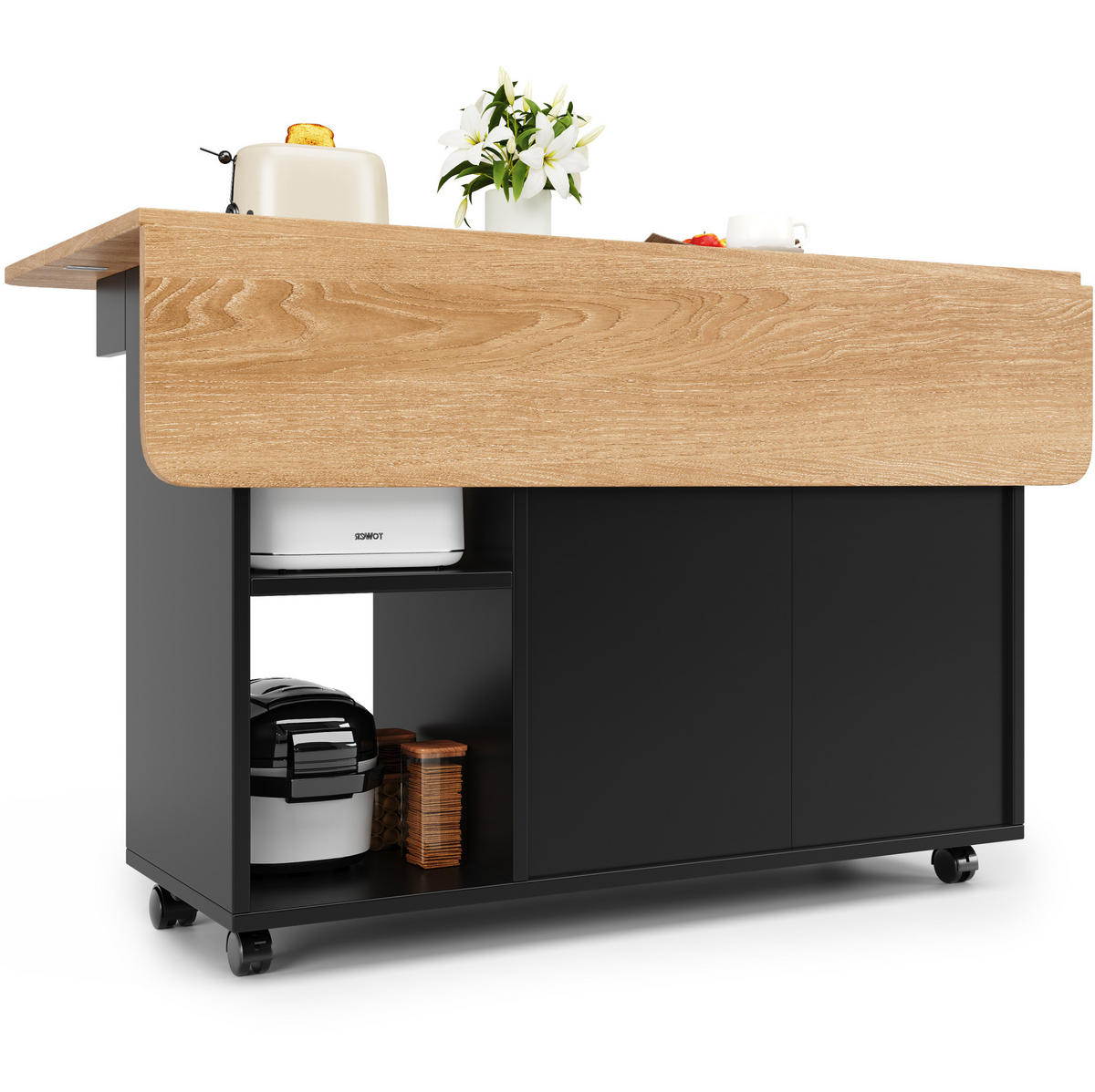 KÜCHENINSEL Klapptisch Rollbar 120x70x79.5cm Schwarz mit Arbeitsplatte & Stauraum - Schwarz, Holzwerkstoff (120/79.5/70cm) - Modfu