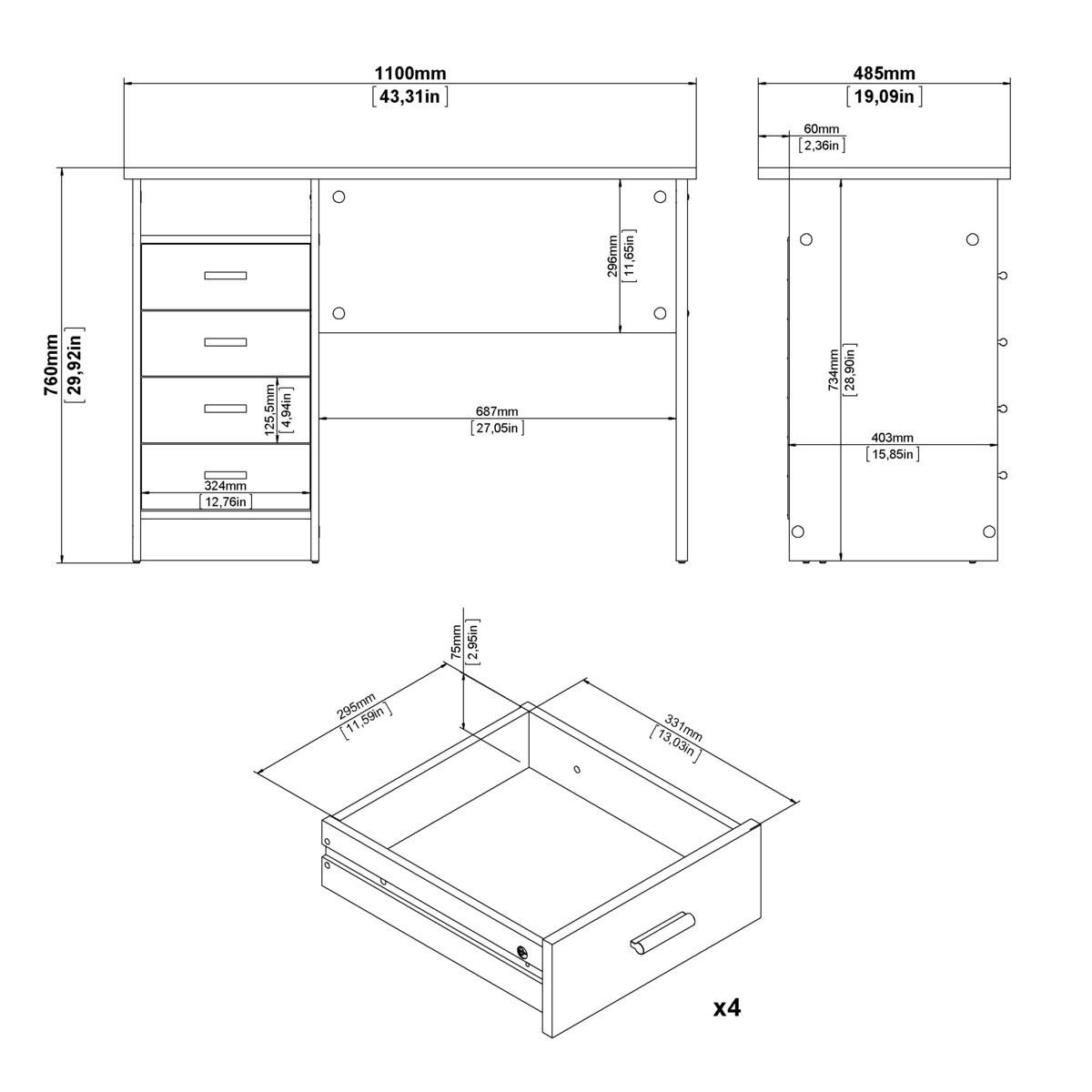 62. SCHREIBTISCH mit 4 Schubladen function 110/48,5/76 cm - Weiß, Holzwerkstoff (110/48.5/76cm) - Calicosy