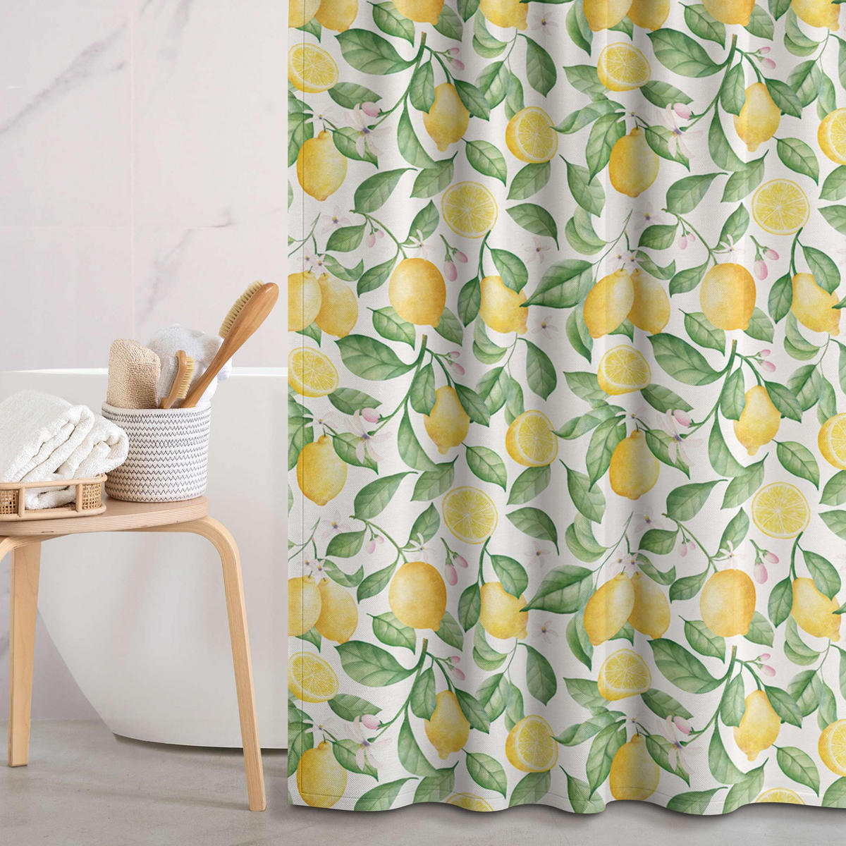 DUSCHVORHANG Aquarell Zitronen und Blüten Muster 180/200 cm - Gelb, Textil (180/200cm) - Bilderwelten