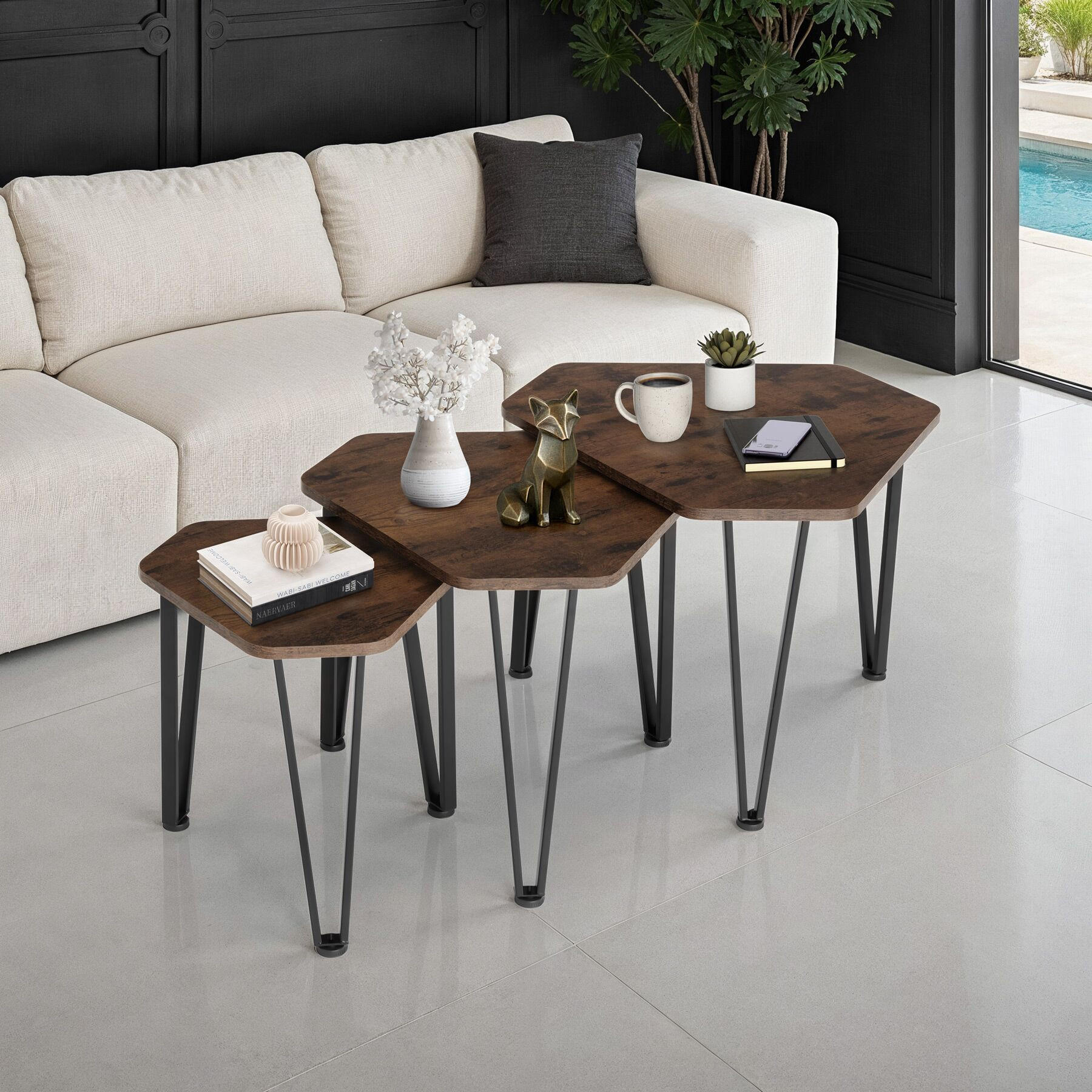 Thumbnail - tectake Beistelltisch-Set, Rost, Holzwerkstoff, Beton Optik, 52x45.5x58.7 cm, Wohnzimmer, Wohnzimmertische, Beistelltisc...