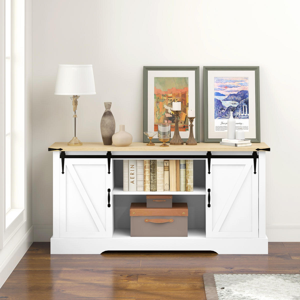 SIDEBOARD DE-11094 2 Schiebetüren & verstellbare Böden Weiß/Eiche - Weiß, Holzwerkstoff (150/72/40cm) - ComfortXL